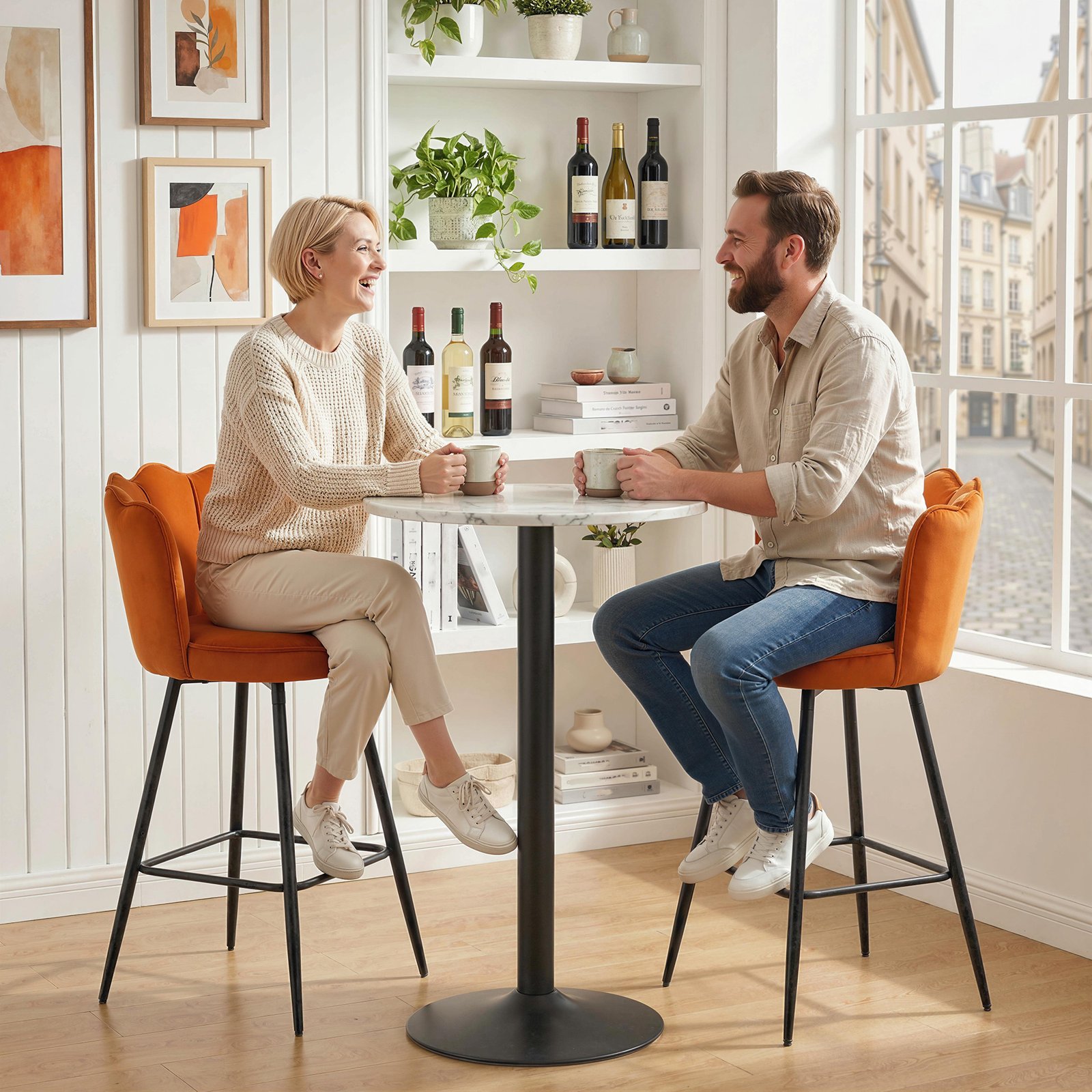HOMCOM Set of Two Velvet-Feel Lotus Bar Stools - Orange - Image 8