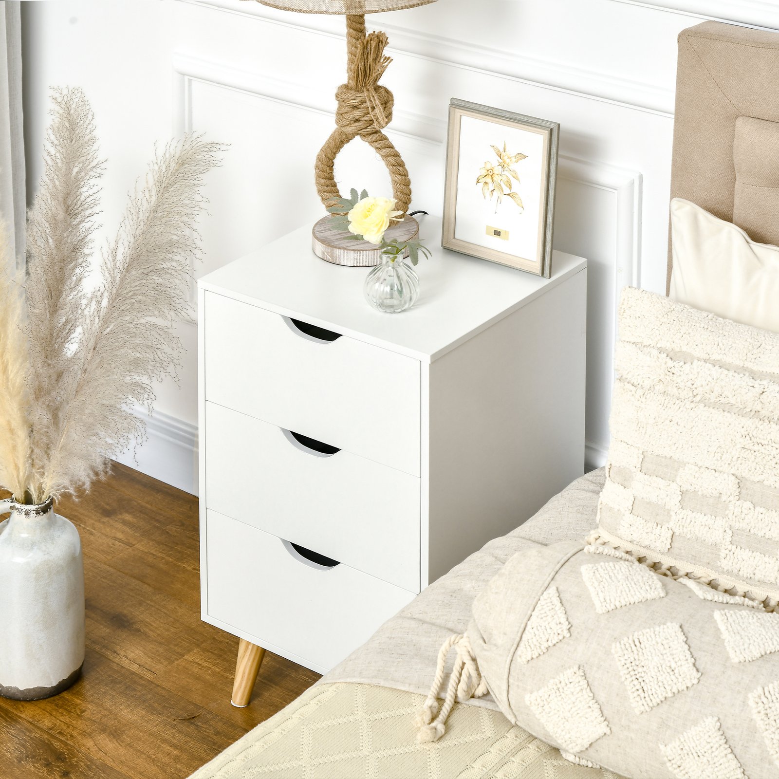 HOMCOM Bedside Table, Bedside Cabinet with 3 Drawers, Side End Table with Pine Wood Legs for Bedroom Living Room, White - Image 8