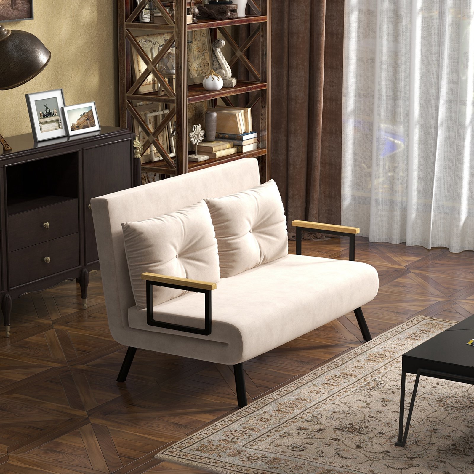 HOMCOM 4-in-1 Velvet-Feel Double Sofa Bed, with Pillows - Beige - Image 2