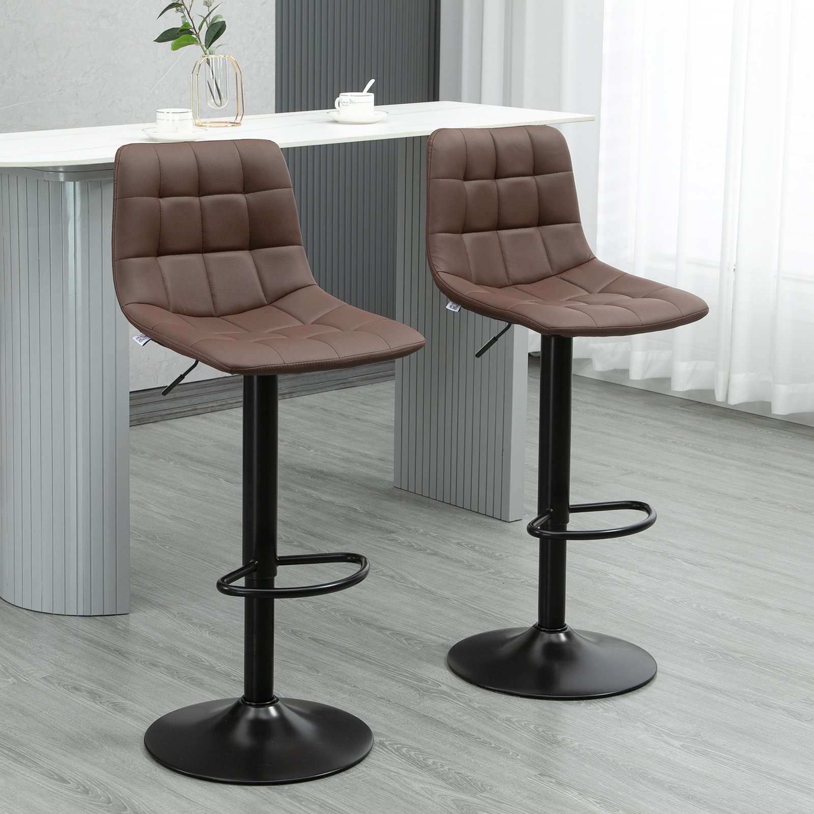 HOMCOM Adjustable Bar Stools Set of 2, Swivel PU Leather Upholstered Barstools with Tufted Seat and Back, Breakfast Bar Chairs for Kitchen Counter, Brown - Image 2