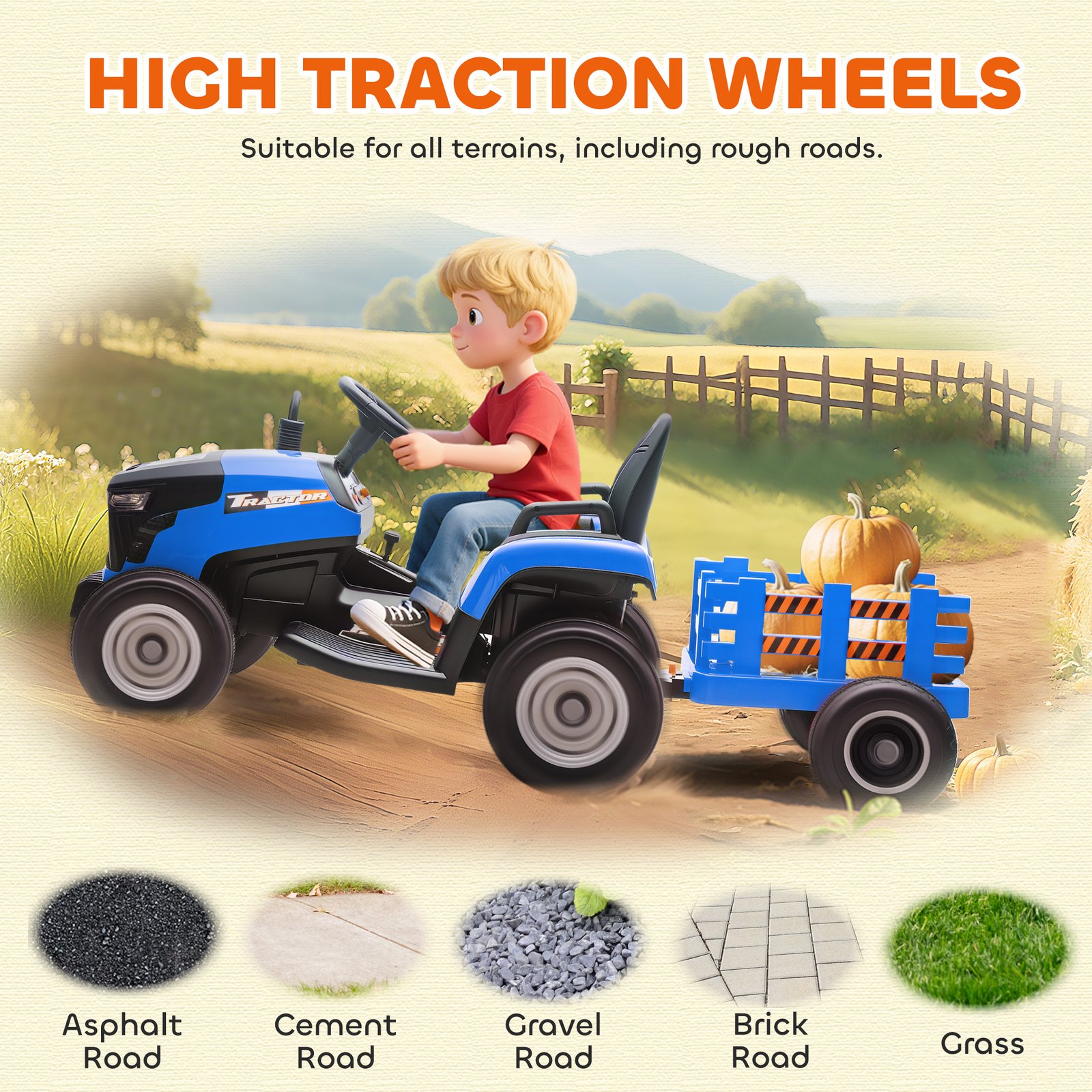 AIYAPLAY 12V Ride on Tractor and Trailer with Remote Control, Music, Shifter, Start-Up Sound, for Kids Ages 3-8 Years, Blue - Image 9