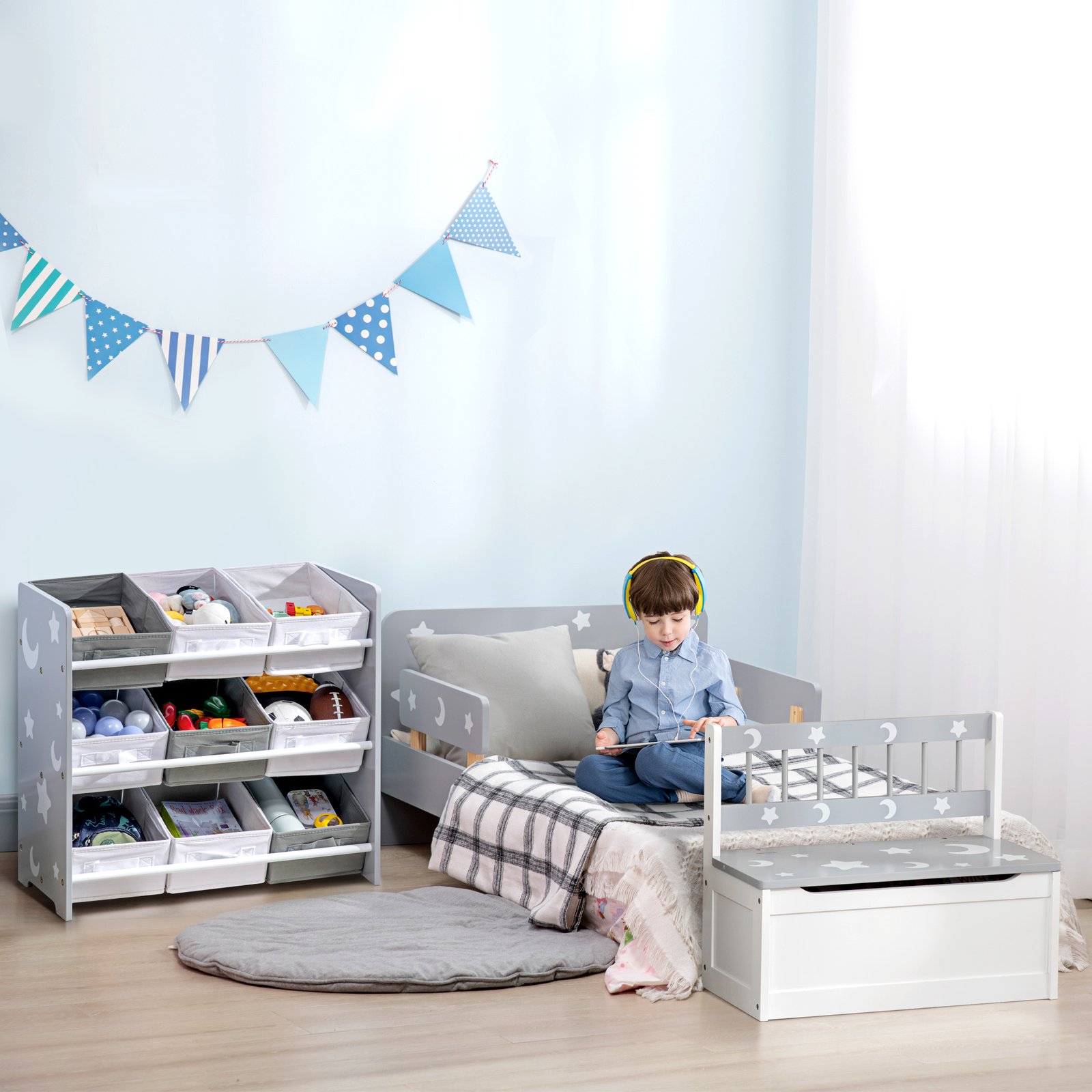 ZONEKIZ 2 In 1 Kids Storage Bench, Toy Box w/ Safety Rod - Grey - Image 7