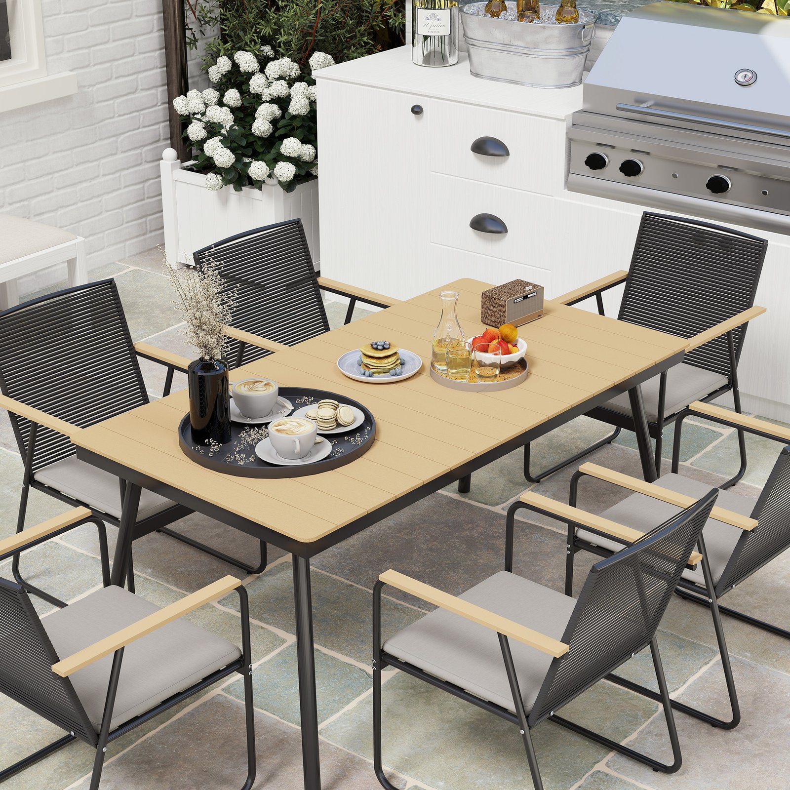 Outsunny 6 Seater Garden Dining Set with Soft Cushions, Rattan Backrest, Rectangular Plastic Top, Garden Furniture Set, Outdoor Dining Table and Chairs for Patio, Balcony, Poolside, Nature Wood Finish - Image 7