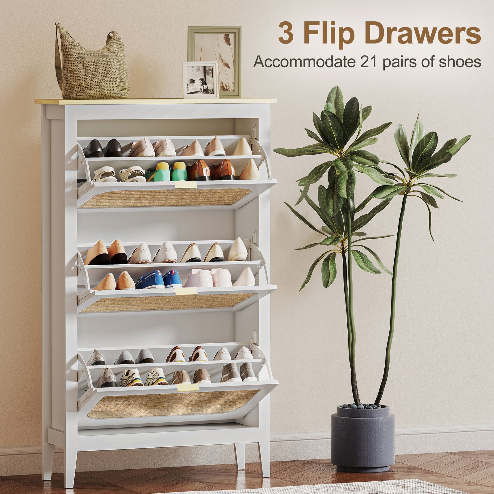 HOMCOM Narrow Shoe Cabinet, Boho Slim Shoe Storage Cabinet with 3 Flip Drawers, Holds 21 Pairs, White - Image 5