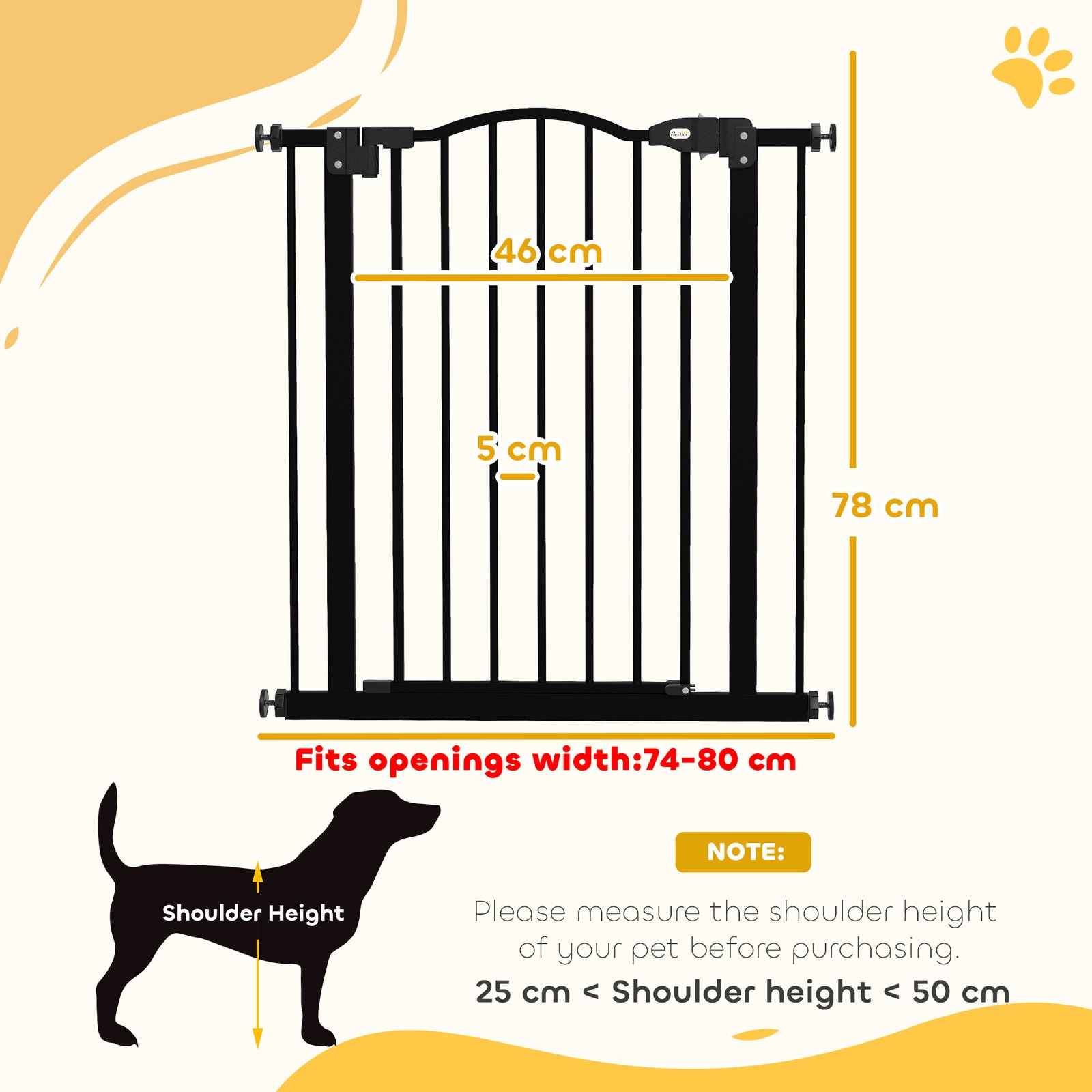 PawHut Metal 74-80cm Adjustable Pet Gate Safety Barrier w/ Auto-Close Door Black - Image 3
