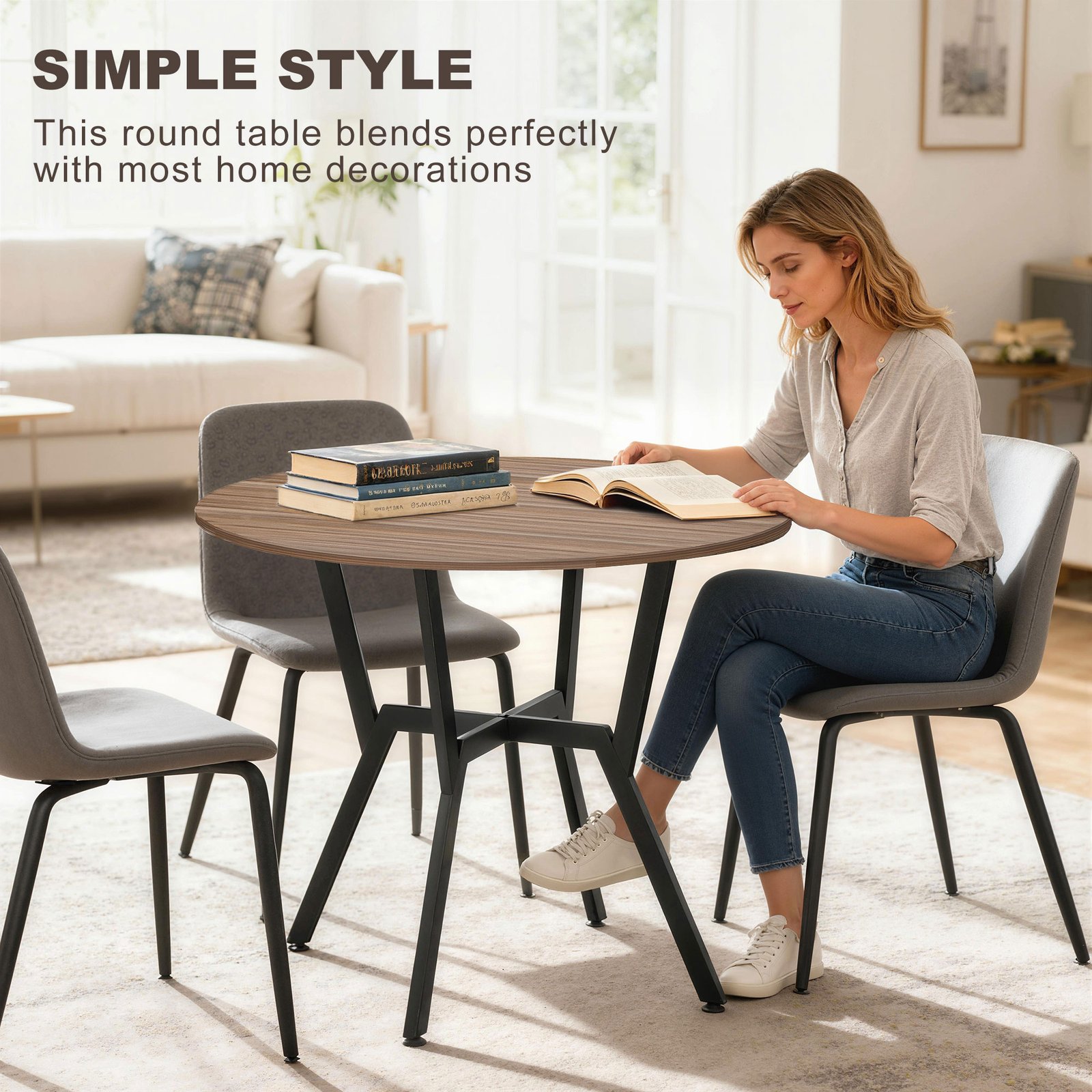 HOMCOM Dining Table, Round Kitchen Table with Black Legs, Anti-slip Foot Pads for Living Room, Dining Room 90 x 76 cm, Brown - Image 5