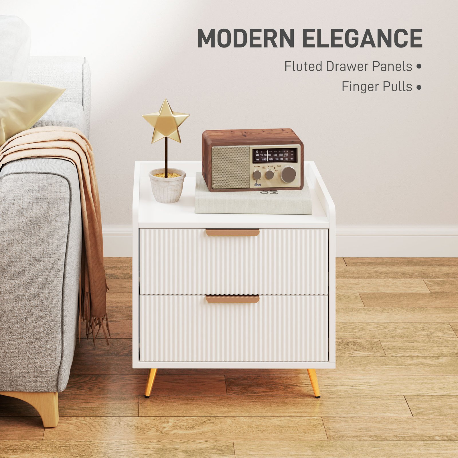HOMCOM Elegant Two-Drawer Bedside Table - White - Image 4
