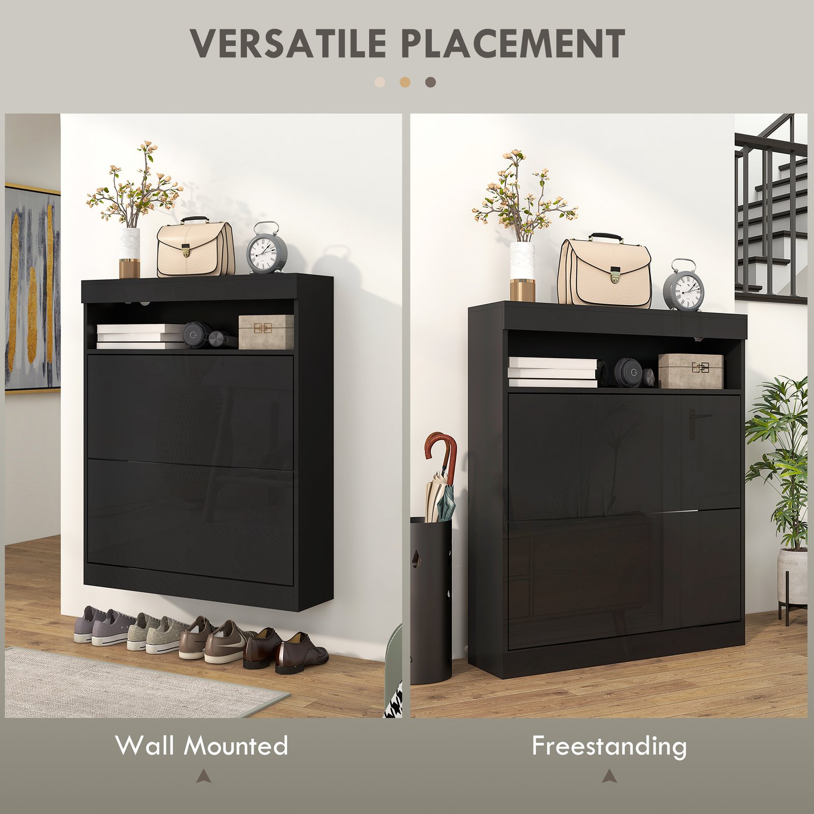 HOMCOM 16 Shoe Pair Storage Cabinet, with Flip Doors - High Gloss Black - Image 4