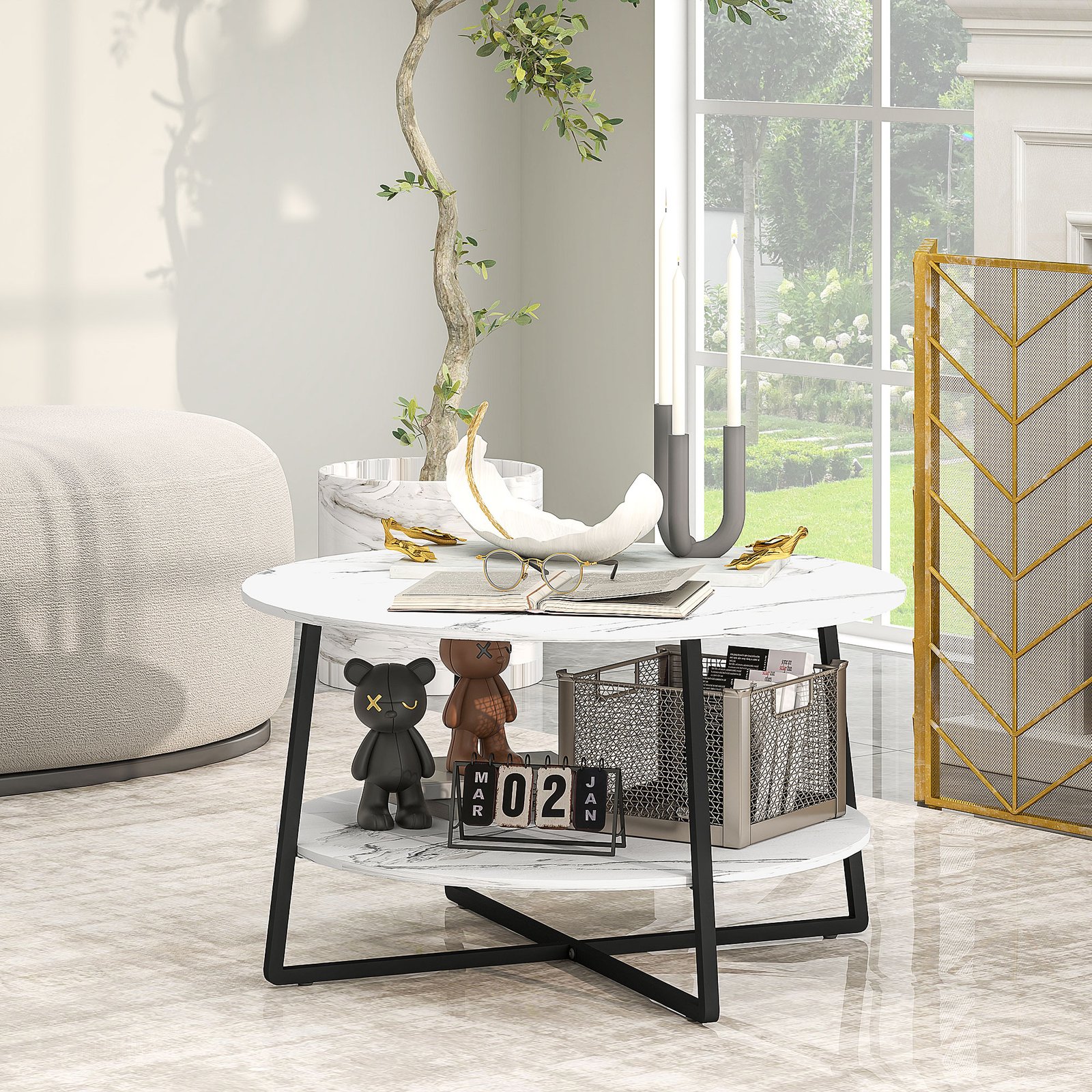 HOMCOM Two-Tier Marble-Effect Coffee Table - White/Black - Image 2
