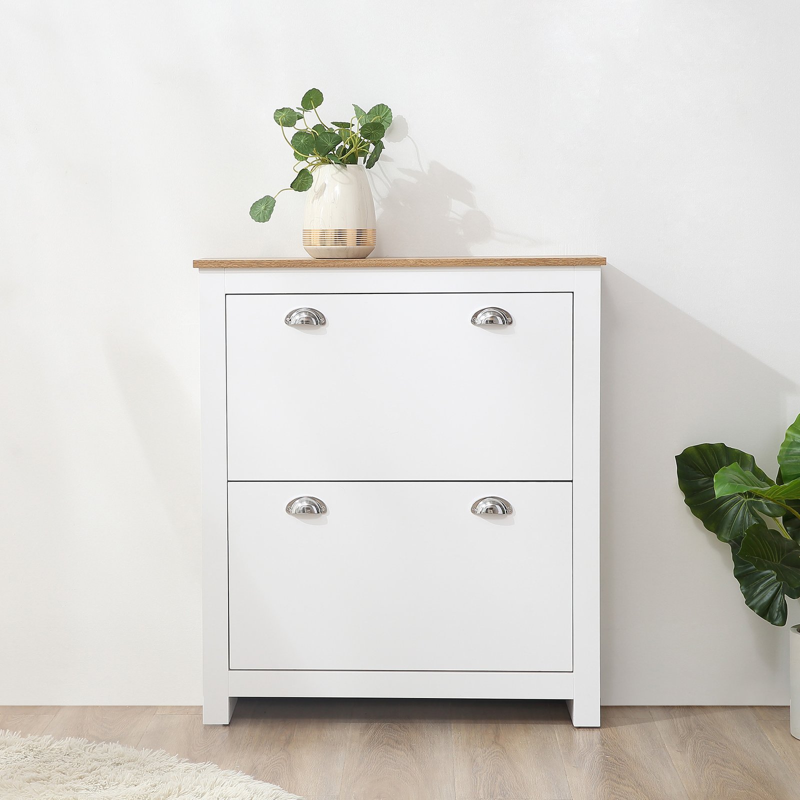HOMCOM 2 Drawer Shoe Cabinet Modern Narrow Shoe Cupboard Hallway Wooden Storage Organiser with Flip Doors Adjustable Shelf for 6-12 Pairs, White - Image 2