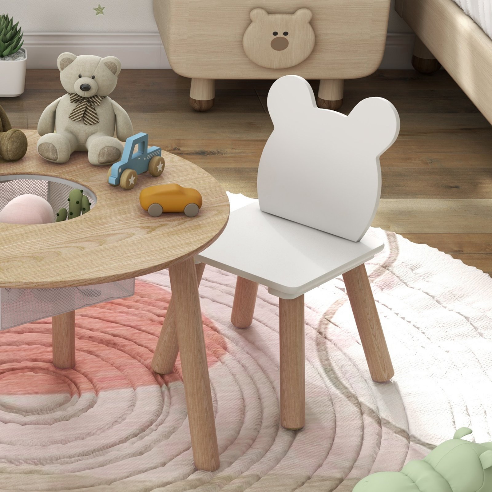 AIYAPLAY 3-Piece Kids Activity Table Set with Centre Mesh Bag, Bear-Shaped Backrest, for Arts and Crafts, Reading, Dining - Image 8