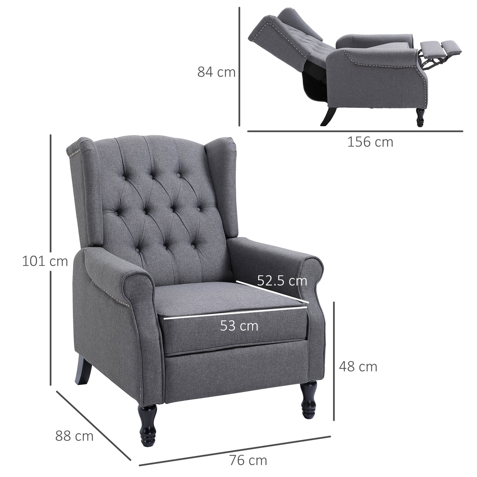 HOMCOM Recliner Armchair, Vintage Reclining Chair with Nail Head Trim, Wingback Chair with Button Tufted Back and Footrest, for Living Room, Grey - Image 3