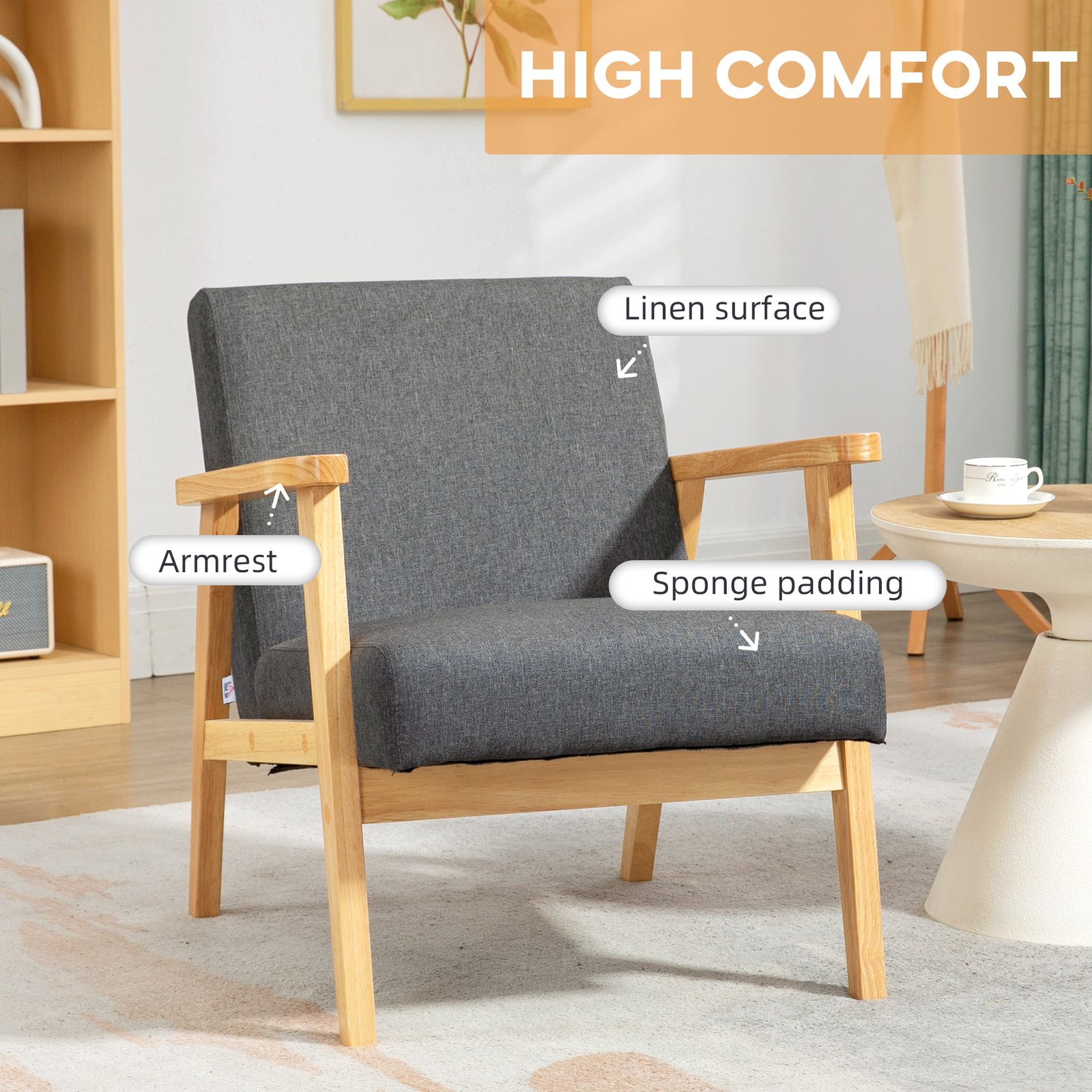 HOMCOM Set of 2 Accent Armchair, Living Room Chair, Wooden Upholstered Single Lounge Chair with Rubber Wood Legs and Padded Seat, Leisure Sofa Chair for Bedroom Office, Dark Grey - Image 4