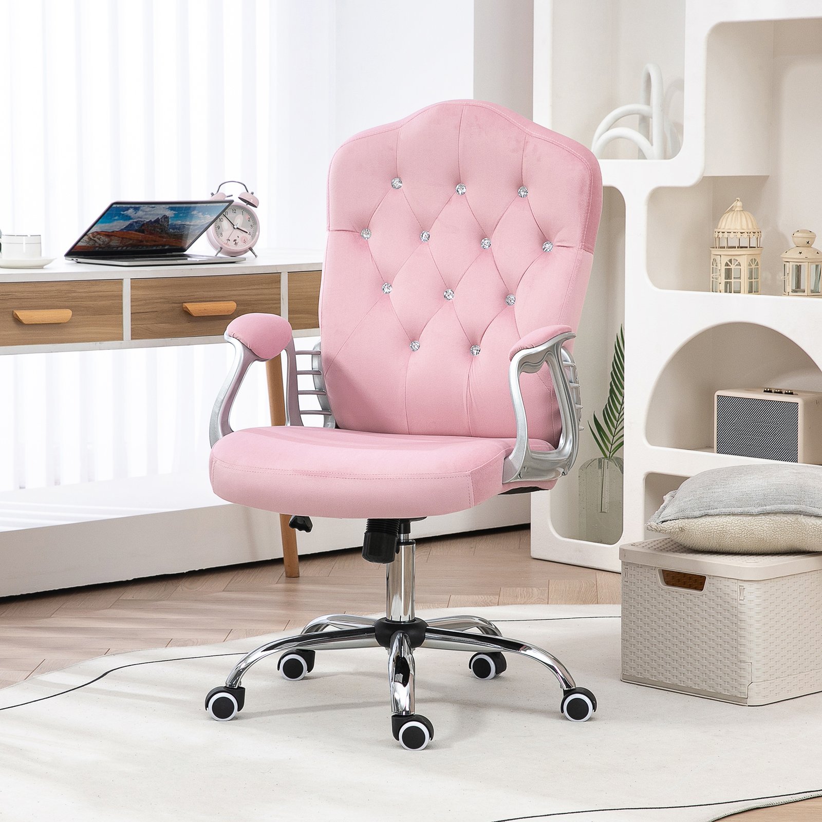 Vinsetto Velvet-Feel Work Chair, with Diamante Back - Pink - Image 2