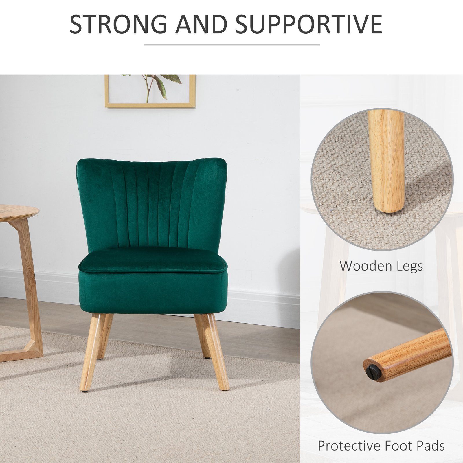 HOMCOM Modern Accent Chair, Fabric Living Room Chair with Rubber Wood Legs and Thick Padding, Green - Image 4