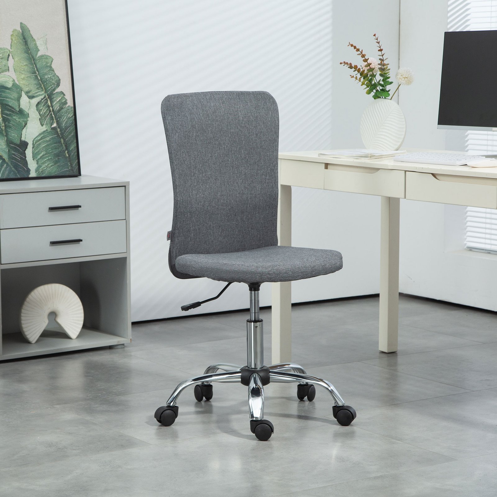 HOMCOM Armless Computer Desk Chair, Fabric Swivel Office Chair, Makeup Vanity Chair with Height Adjustable, Wheels, for Home Study Bedroom, Grey - Image 2