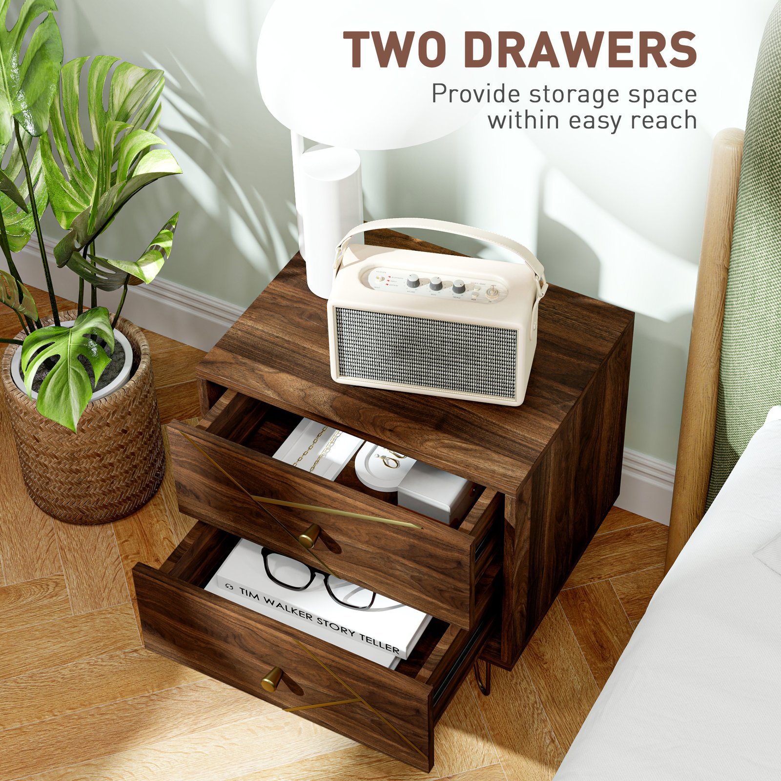 HOMCOM Bedside Tables Set of 2, Modern Side Table Set with 2 Drawers and Steel Hairpin Legs, Nightstand for Bedroom, Brown Wood Grain - Image 5