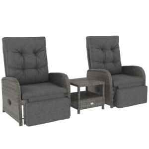 Outsunny 2 Seater Patio Rattan Wicker No Installation Chaise Lounge Sofa Set w/ Cushion for Patio Garden Porch, Grey