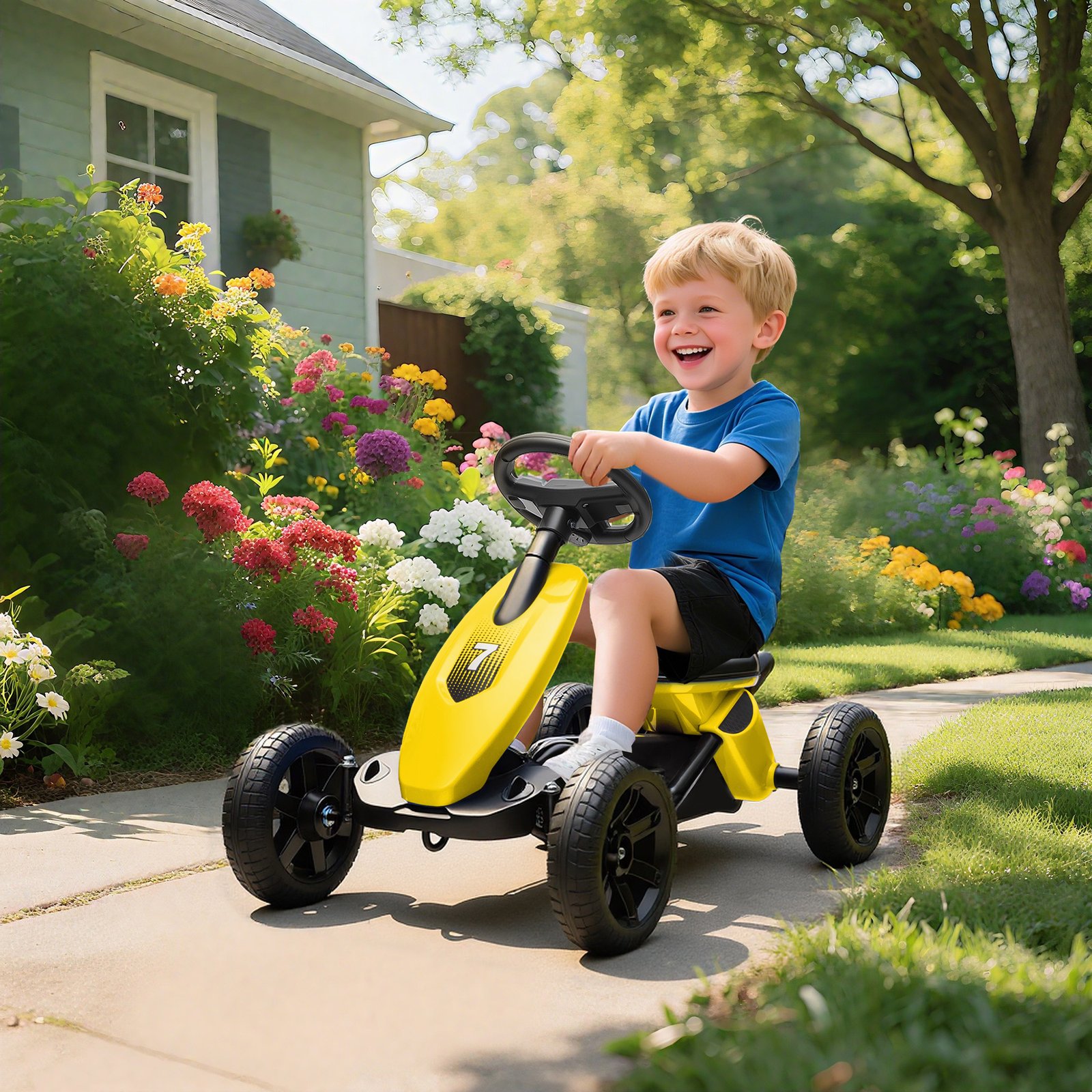 AIYAPLAY Pedal Go Kart for Kids 2-5 Years, with Silent EVA Wheels, Metal Frame, Yellow - Image 2