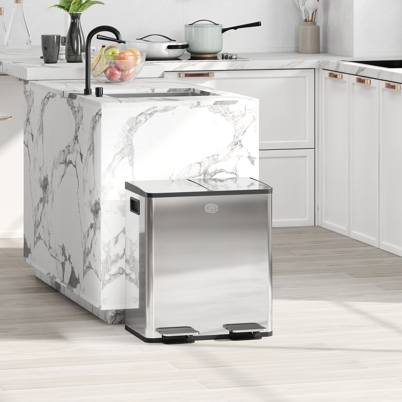 HOMCOM 40L Dual Compartment Stainless Steel Bin, with Deodoriser Holders - Silver Tone - Image 2
