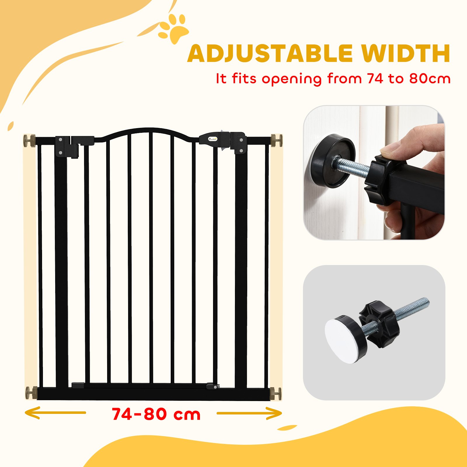 PawHut Metal 74-80cm Adjustable Pet Gate Safety Barrier w/ Auto-Close Door Black - Image 4
