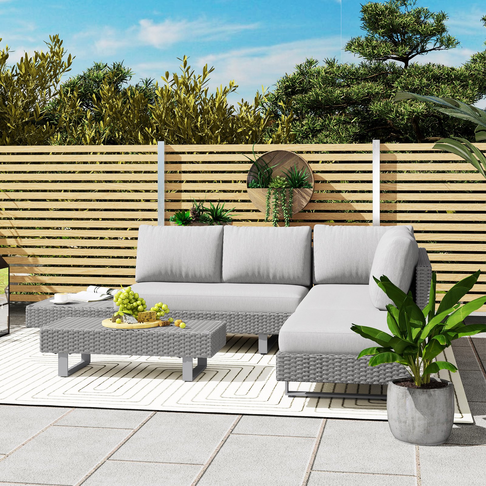 Outsunny Three-Piece Rattan Sofa Set, with Cushions - Light Grey - Image 8