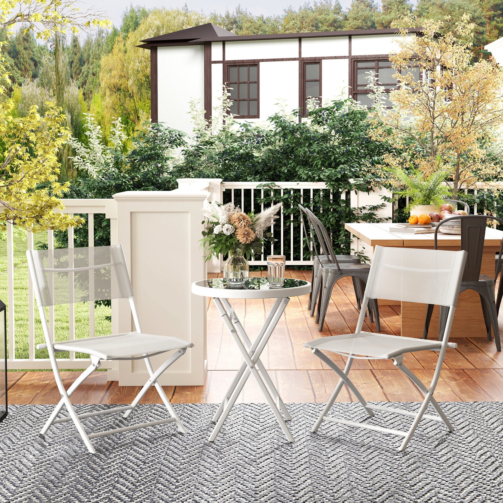 Outsunny 3 Pieces Outdoor Bistro Set, Glass Top Outdoor Table and 2 Folding Chairs with Protecting Feet, White - Image 2