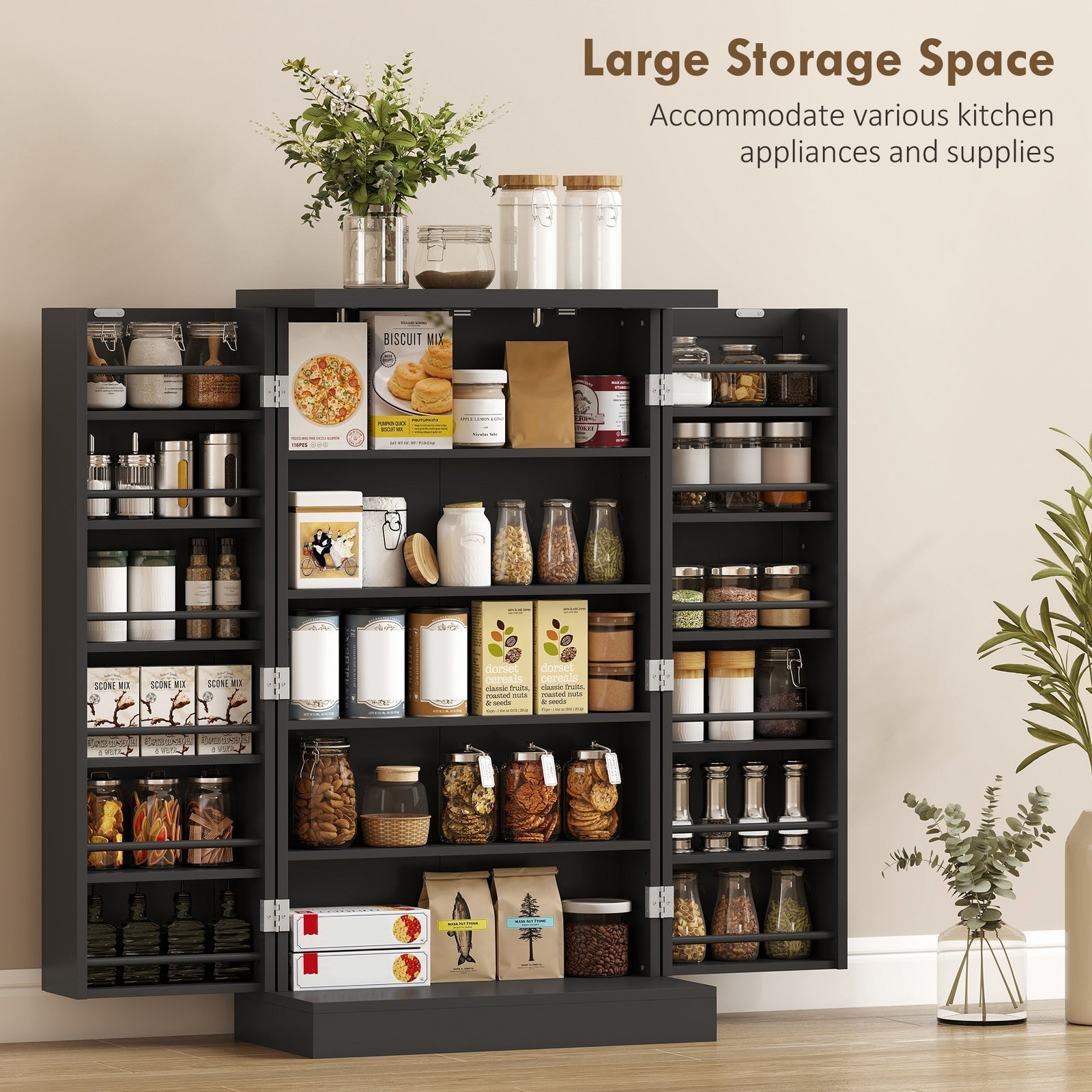 HOMCOM Kitchen Cupboard, Freestanding Multi-Storage Kitchen Pantry Cabinet with Adjustable Shelves, Black - Image 4