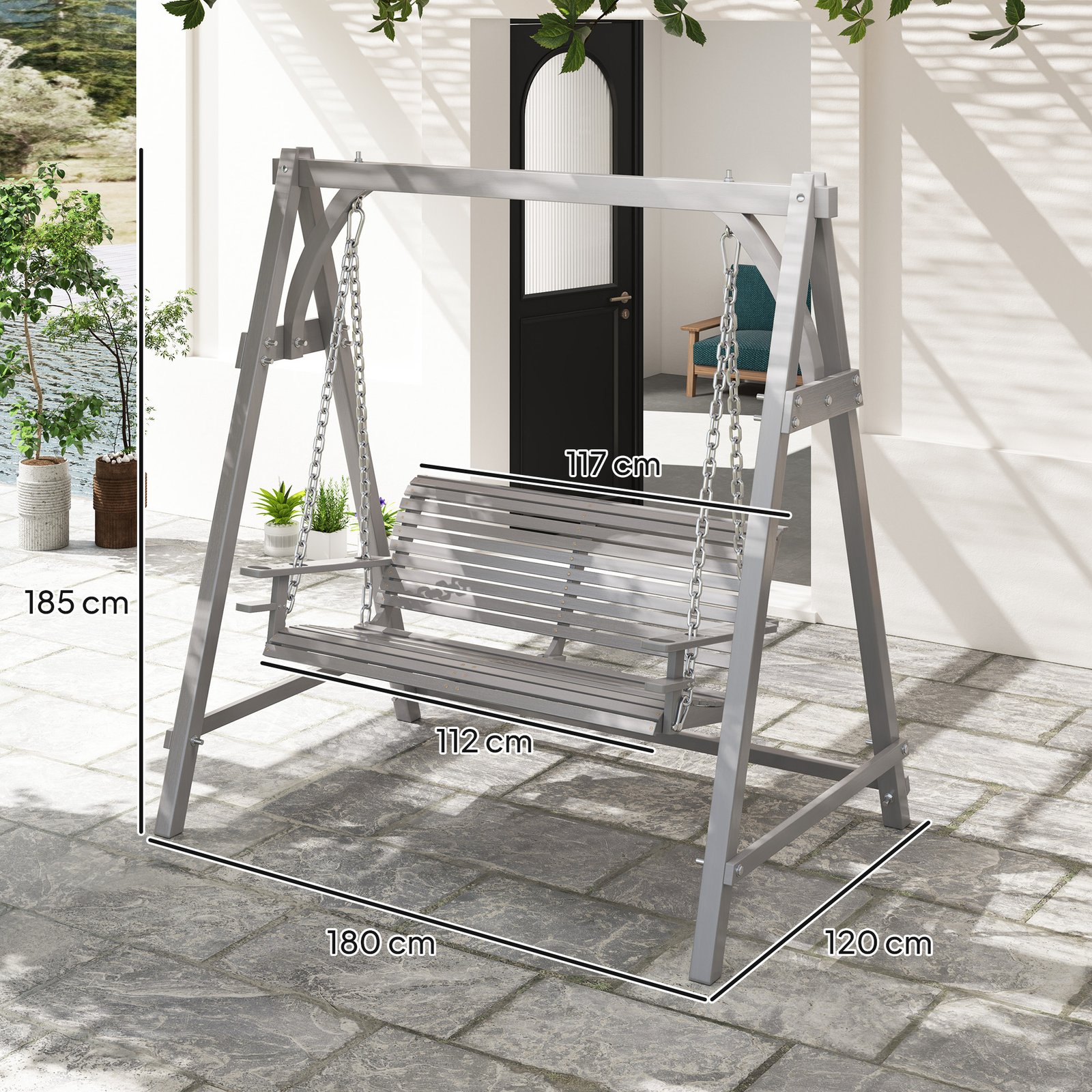 Outsunny 2 Seater Garden Swing Seat, Wooden Swing Chair Bench with Cup Holders for Outdoor Porch Patio, Grey - Image 3