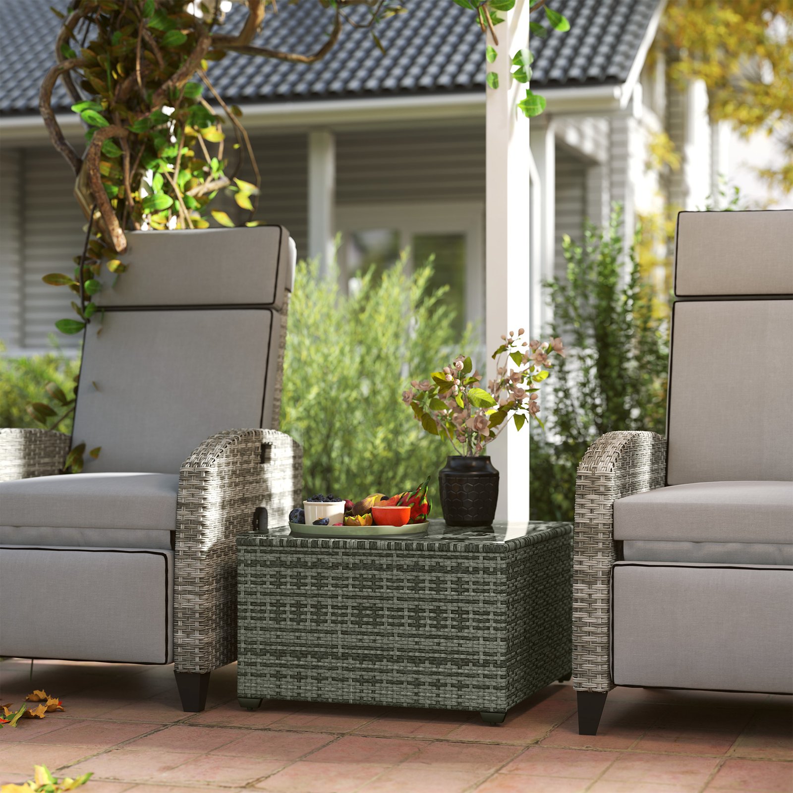 Outsunny 62 x 62cm Glass-Top Rattan Side Table - Light Grey - Image 2