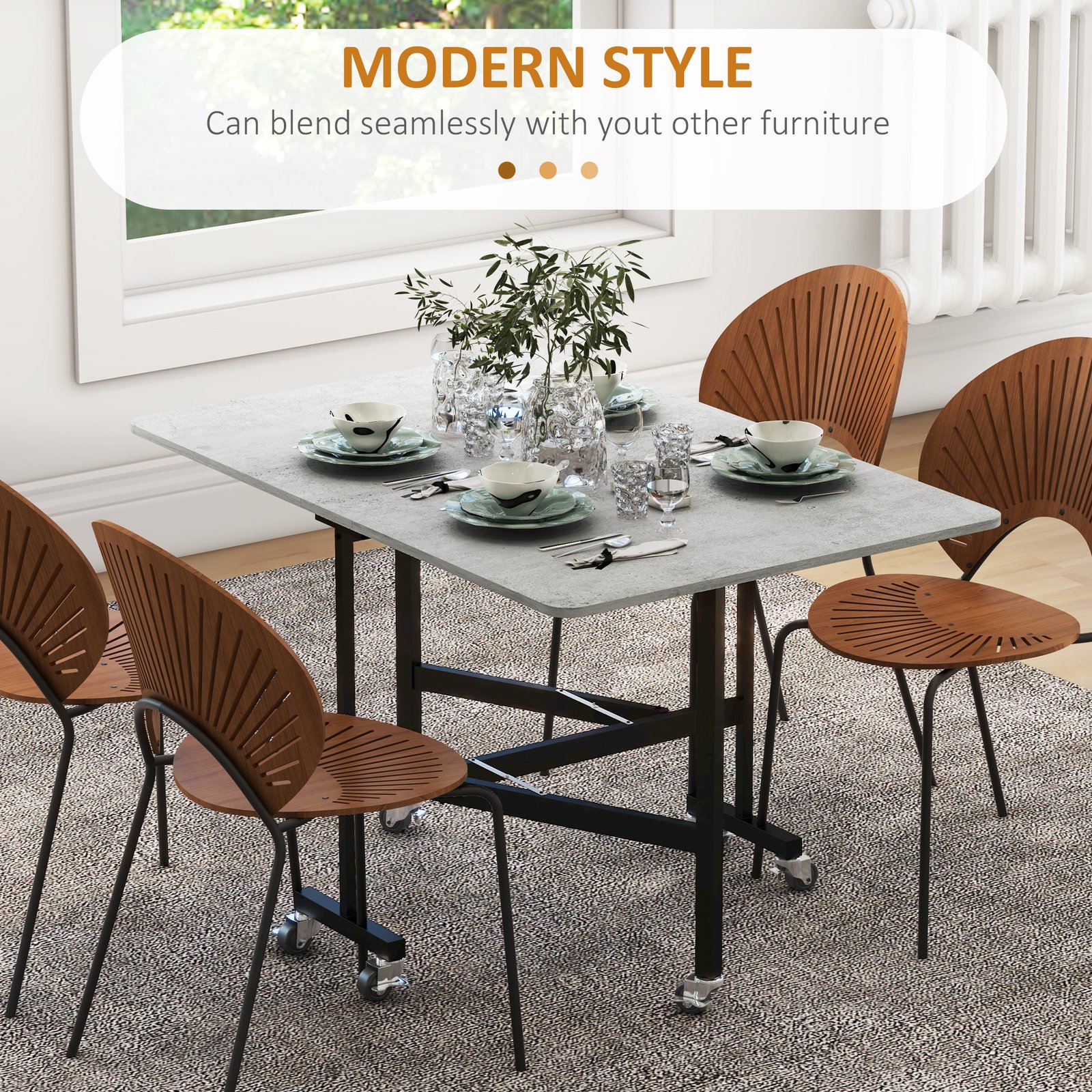 HOMCOM Mobile Drop Leaf Table, Folding Dining Table with 6 Wheels & Brakes, Kitchen Table for Small Spaces, Grey Marble Effect - Image 4