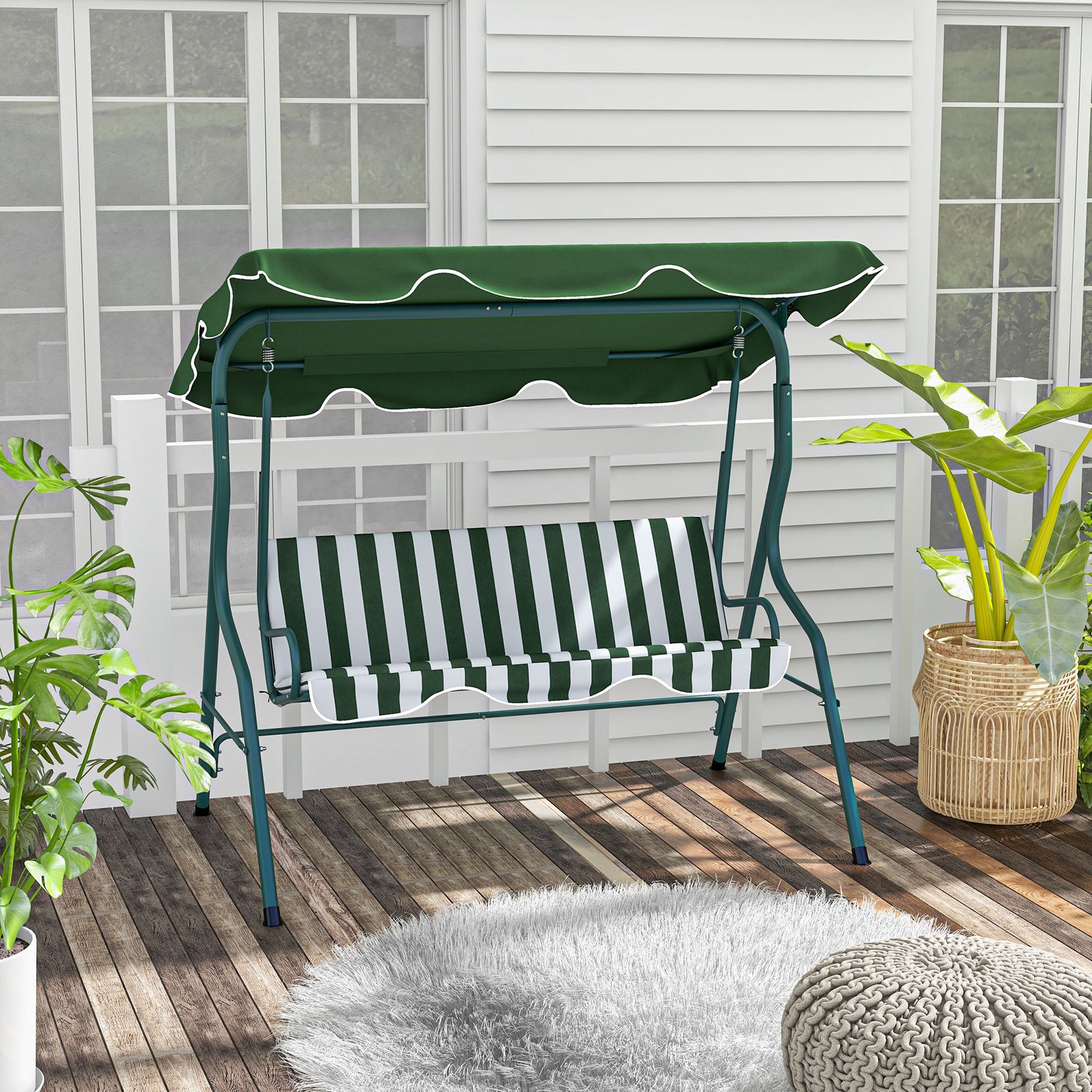 Outsunny 3 Seater Garden Swing Seat Chair Outdoor Bench with Adjustable Canopy and Metal Frame, Green Stripes - Image 2