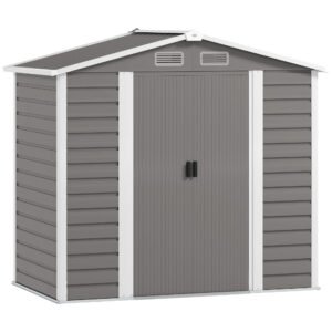 Outsunny 7 x 4ft Garden Shed, Easy to Assemble, Upgraded Galvanised Steel Frame with Foundation Kit, Double Doors with Lock, Outdoor Metal Shed with Vents and Gloves, Garden Storage Shed, Light Grey