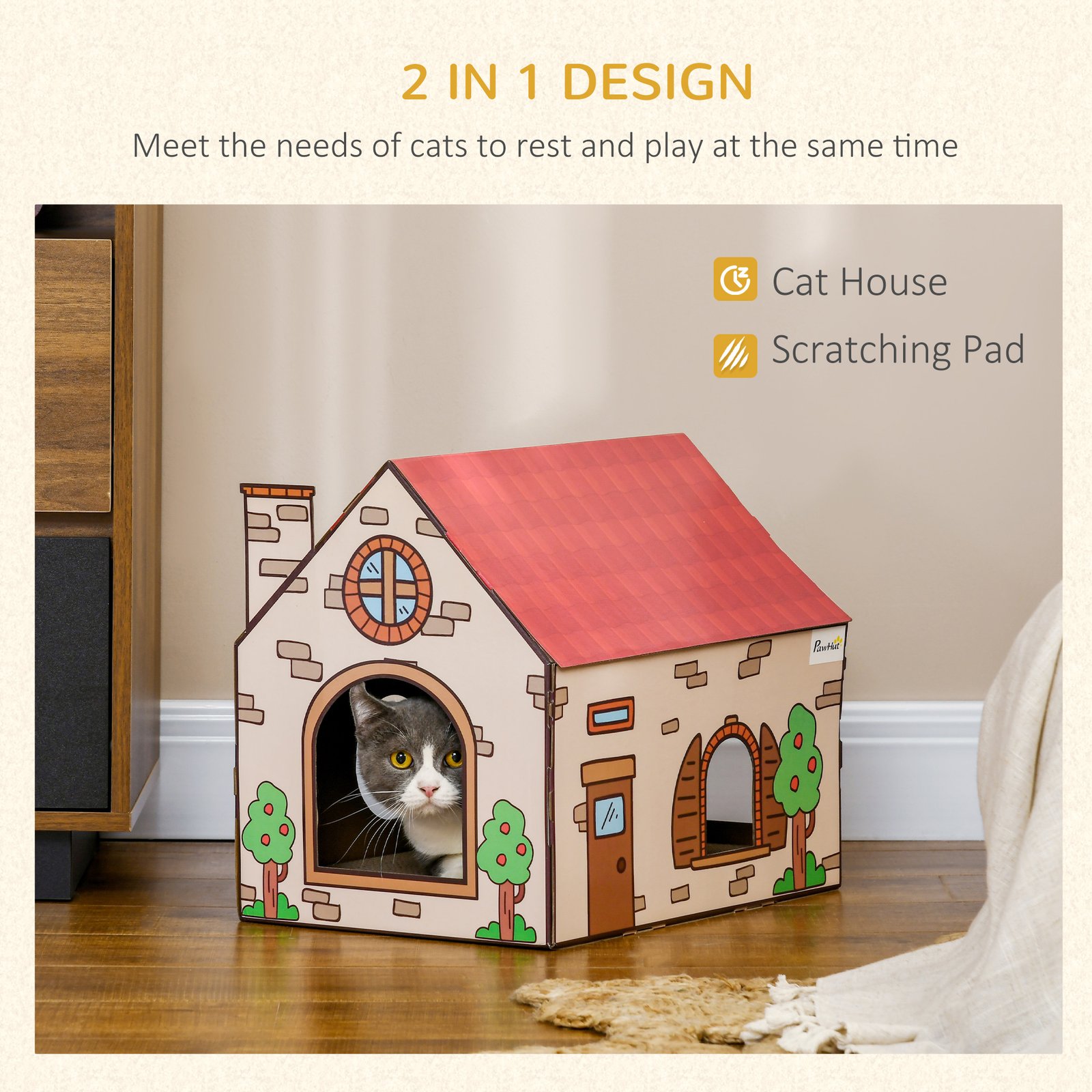 PawHut Two-In-One Cat House, Cat Scratching Board with Scratcher, Catnip, Cat Cardboard Scratcher for Indoor Cats - Image 4