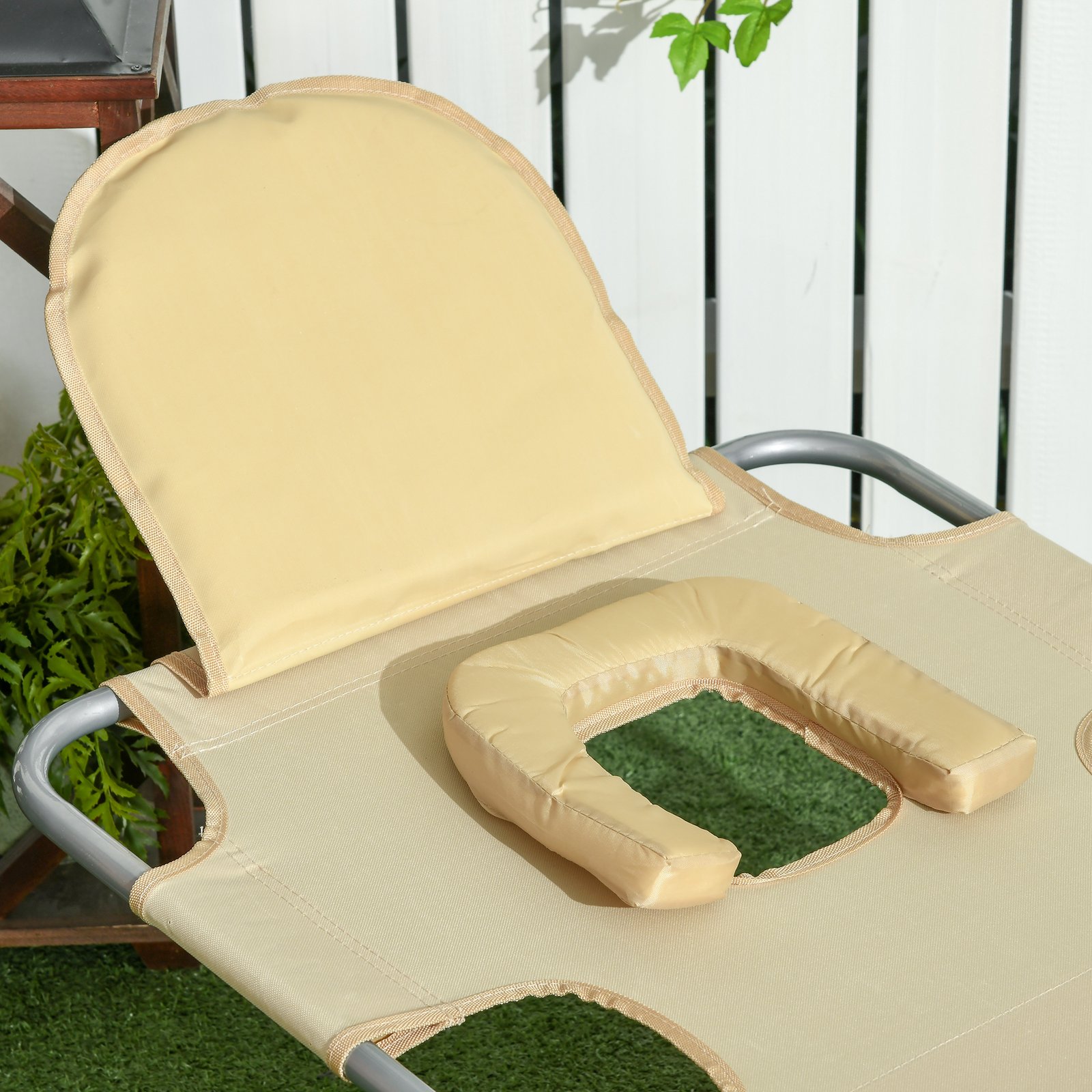Outsunny Foldable Sun Lounger, Beach Chaise Lounge with Reading Hole, Arm Slots, 5-Position Adjustable Backrest, Side Pocket, Pillow for Garden, Beach, Camping, Beige - Image 8