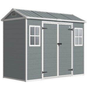 Outsunny 8 x 4 ft Plastic Garden Shed, Wood-Effect Outdoor Storage Shed with Floor, Windows, Lockable Doors and Vents, Light Grey Outsunny 8 x 4 ft Plastic Garden Shed, Wood-Effect Outdoor Storage Shed with Floor, Windows, Lockable Doors and Vents, Light Grey