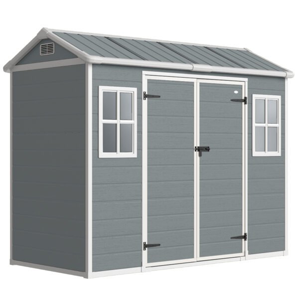 Outsunny 8 x 4 ft Plastic Garden Shed, Wood-Effect Outdoor Storage Shed with Floor, Windows, Lockable Doors and Vents, Light Grey Outsunny 8 x 4 ft Plastic Garden Shed, Wood-Effect Outdoor Storage Shed with Floor, Windows, Lockable Doors and Vents, Light Grey