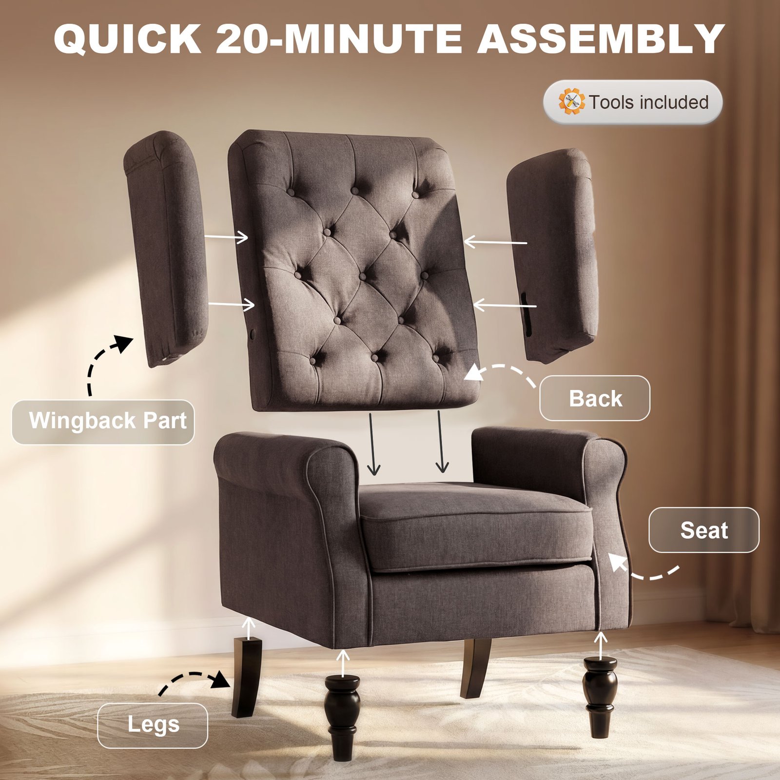 HOMCOM Wingback Accent Chair, Retro Upholstered Button Tufted Occasional Chair for Living Room and Bedroom, Brown - Image 7