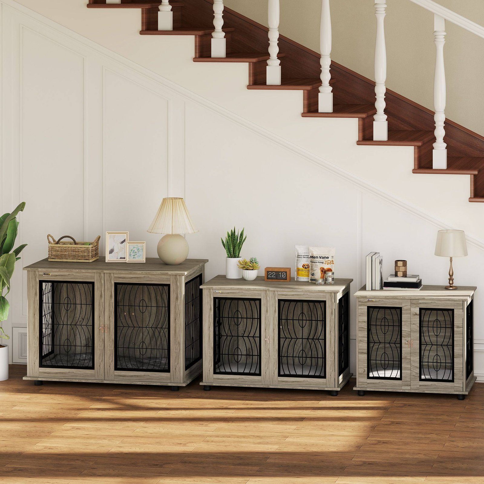 PawHut 46.46'' Dog Crate Furniture Table with Soft Washable Cushion and Lockable Door, for Large Indoor Dogs, Grey - Image 9