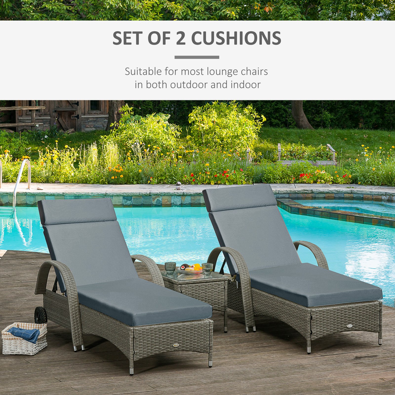 Outsunny Set of 2 Sun Lounger Cushions, Replacement Cushions for Rattan Furniture with Ties, 196 x 55 cm, Cushion ONLY, Dark Grey - Image 4