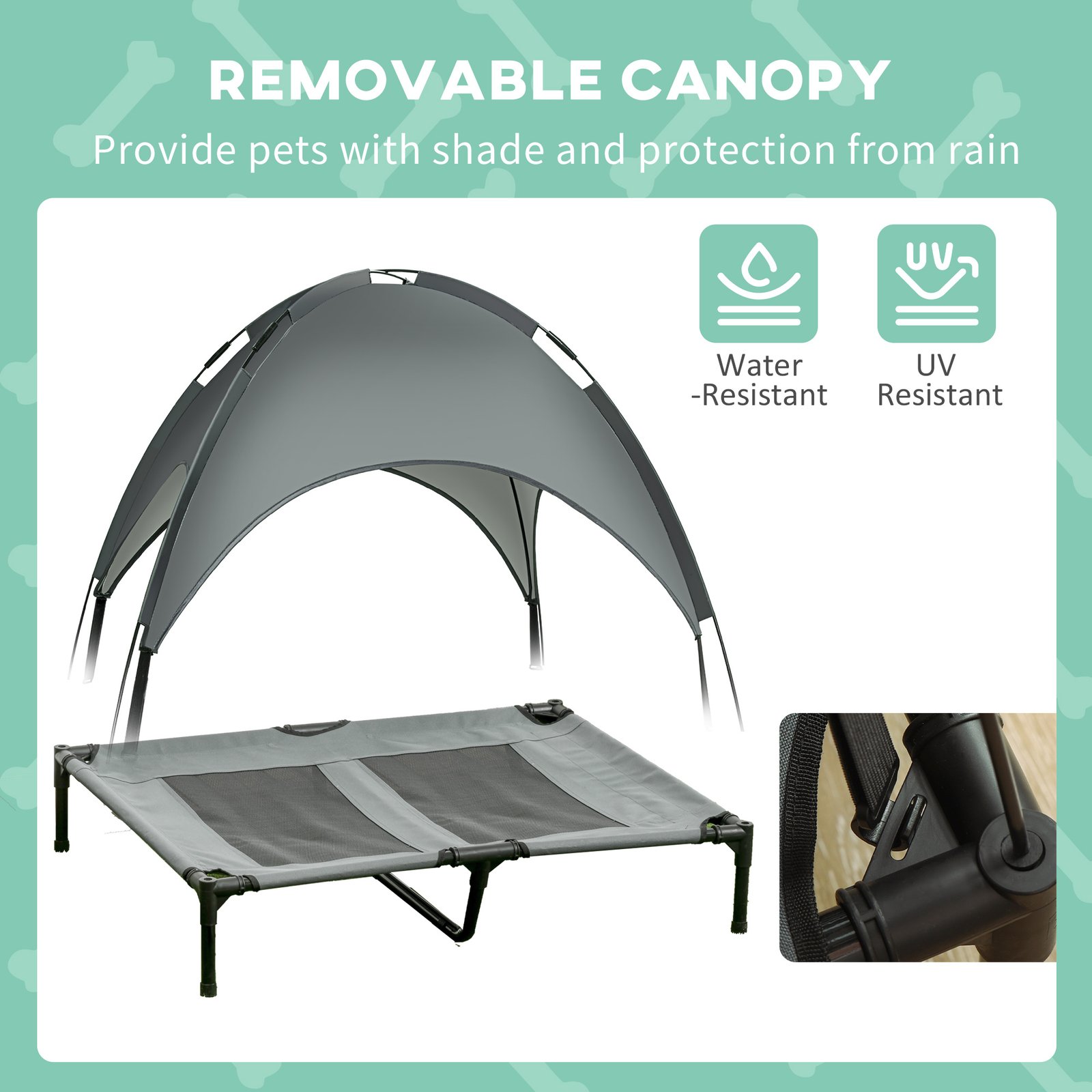 PawHut Outdoor Dog Bed with Removable Canopy, Portable Raised Dog Bed for Camping, Garden & Beach, Water-Resistant UV-Protection Mesh Pet Cot Sun Lounger, for Large Pets, 92 x 76 x 90 cm, Grey - Image 6