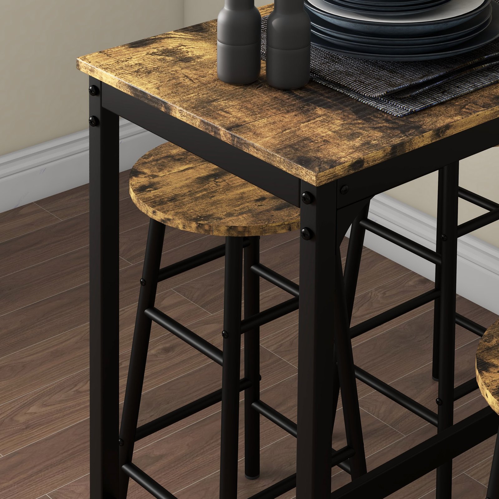 HOMCOM 5 Piece Bar Table Set with 4 Stools, Industrial Bar Table and Stool Set, Dining Table and Chair Set, Rustic Brown - Image 8