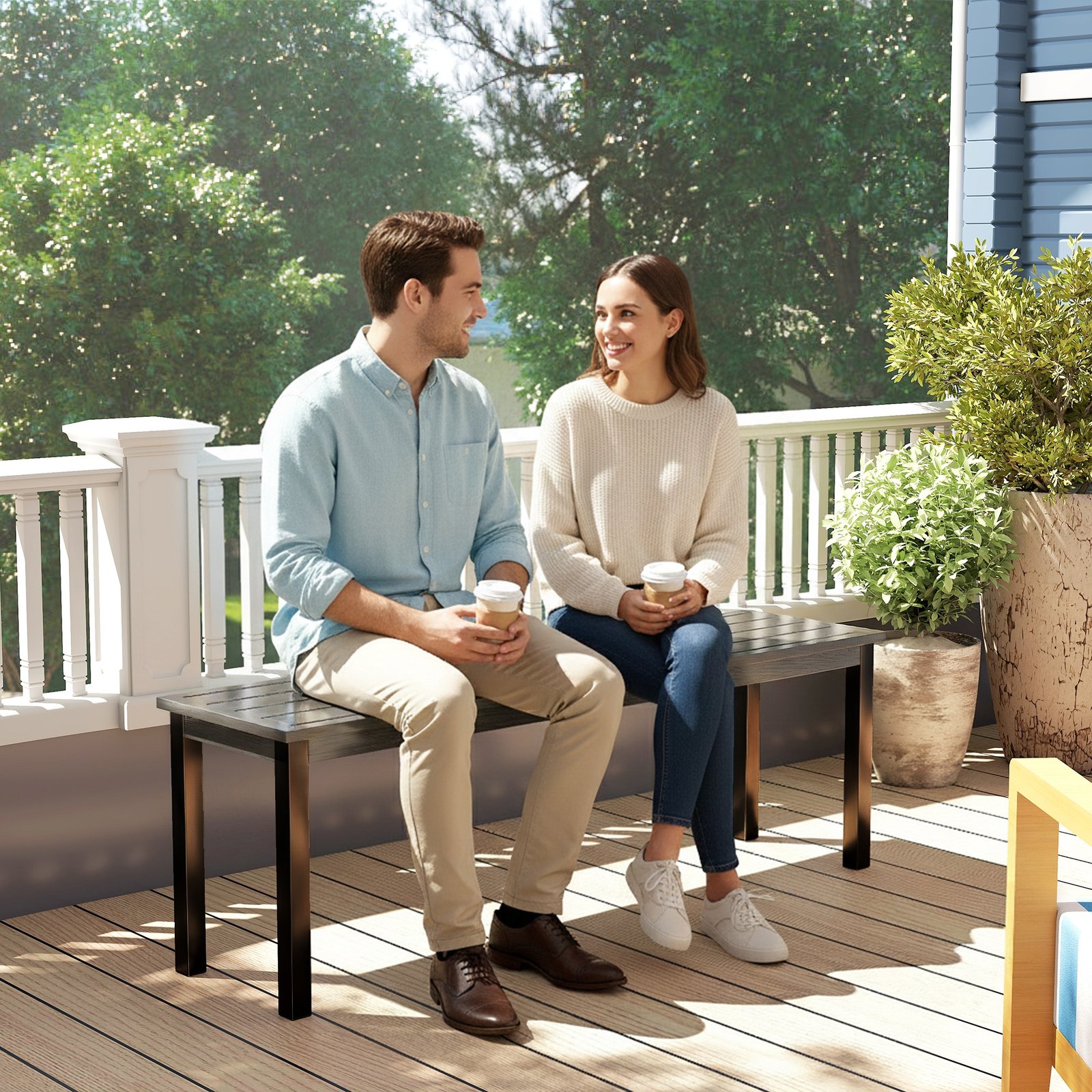 Outsunny 2 Seater Garden Bench, Outdoor Bench Loveseat with Wood-Effect Slatted Seat and Steel Frame for Patio, Park, Grey - Image 9