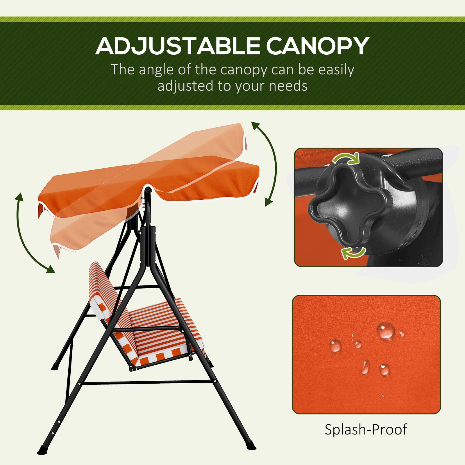 Outsunny 3 Seater Garden Swing Chair, Outdoor Swing Chair with Adjustable Canopy, Mental Frame & Cushions, Orange - Image 4