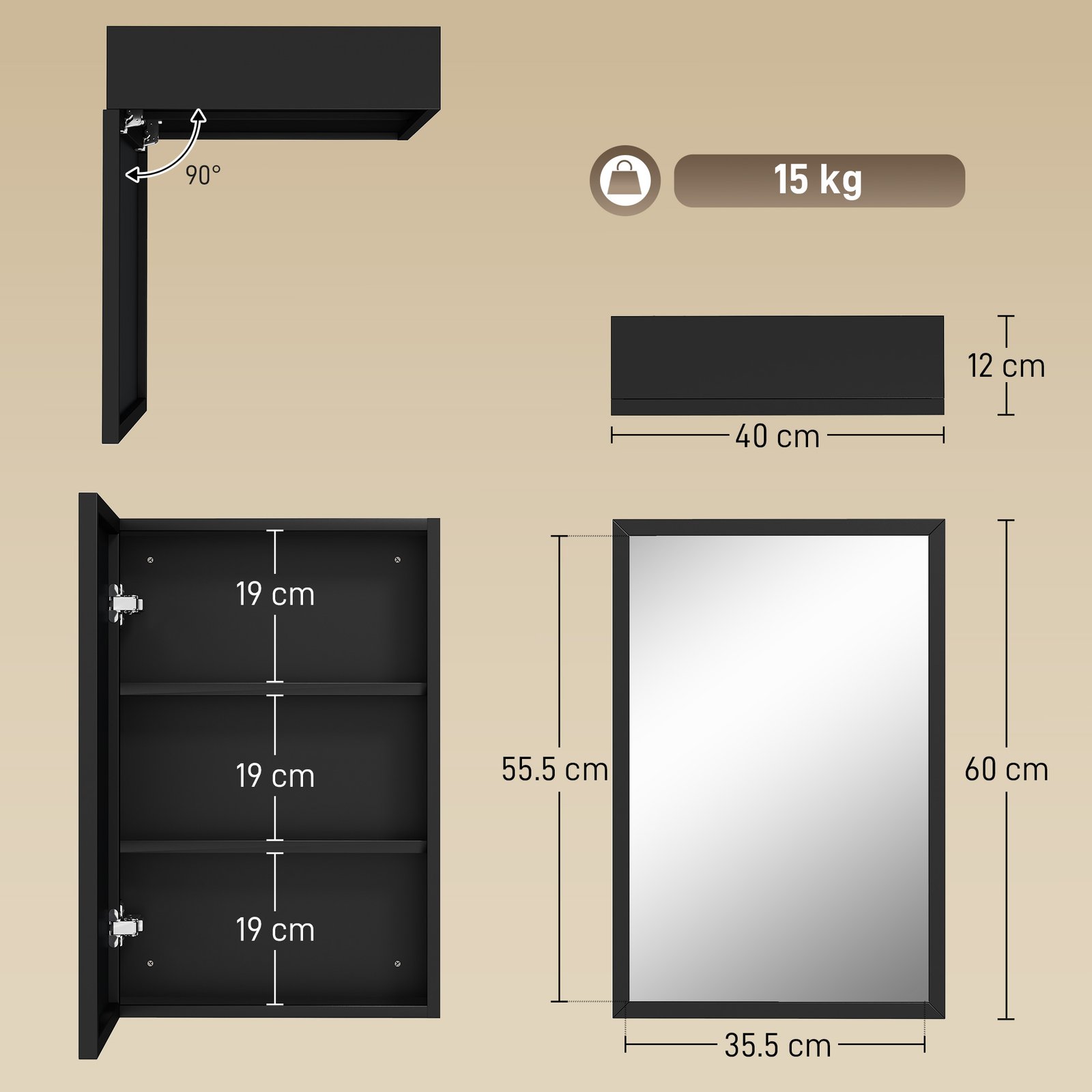 kleankin Bathroom Cabinet with Mirror, Wall Mounted Bathroom Mirror Cabinet with Storage Shelves, 40 x 12 x 60 cm, Black - Image 3