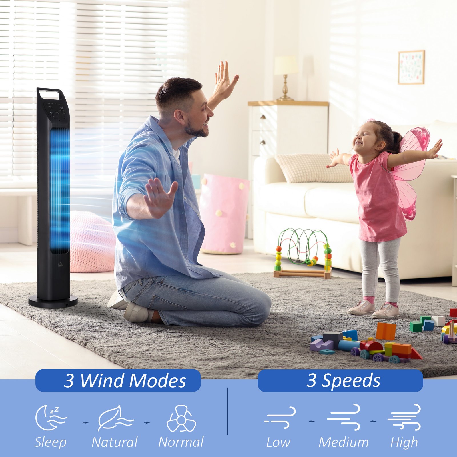 HOMCOM 31" Oscillating Tower Fan with Remote Control, 4H Timer, 3 Speed 3 Modes, Quiet Electric Floor Standing Fan for Home Bedroom Office, Black - Image 4
