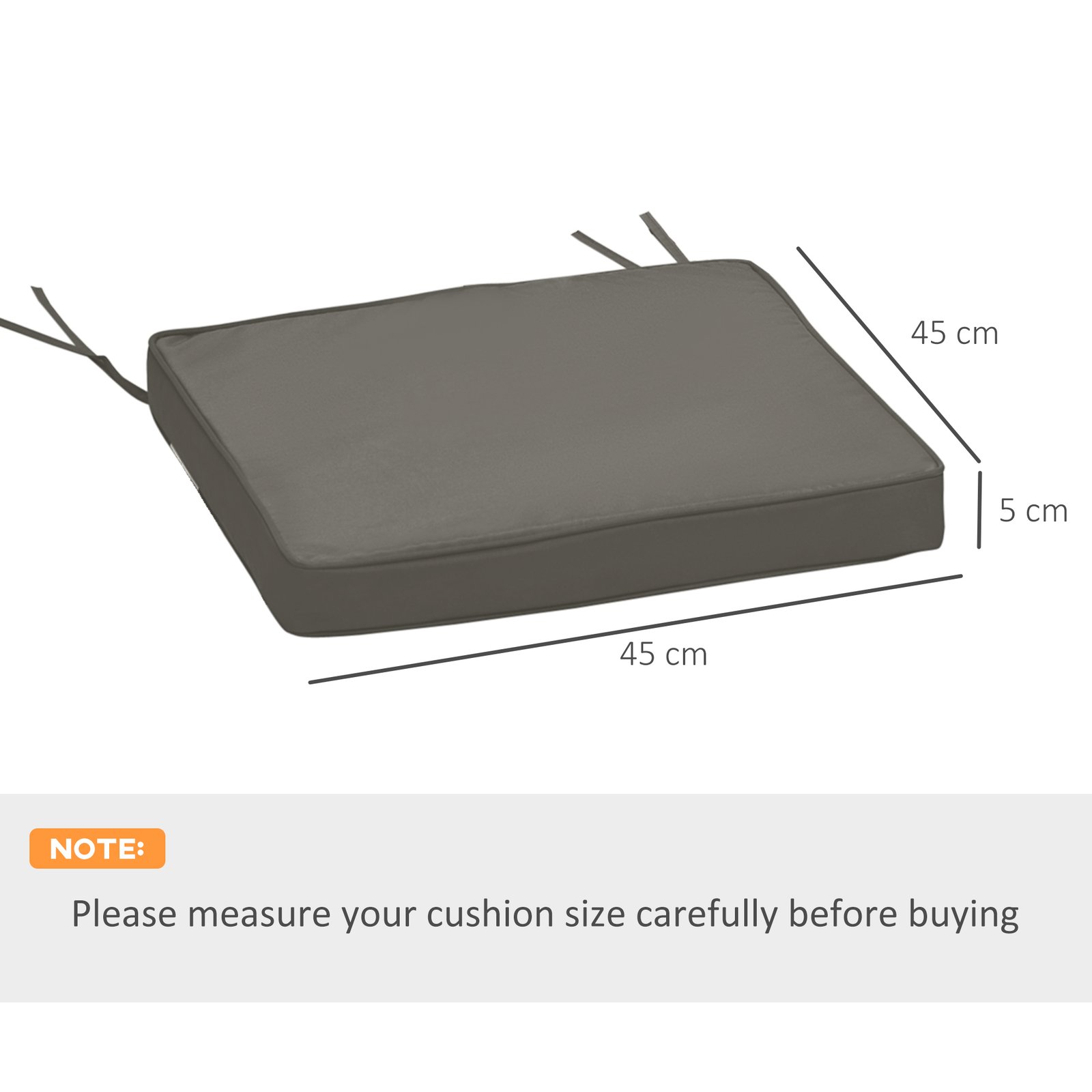 Outsunny Set of 2 Garden Chair Cushions with Ties, 45 x 45 cm Replacement Cushions for Outdoor Furniture, Dark Grey - Image 3