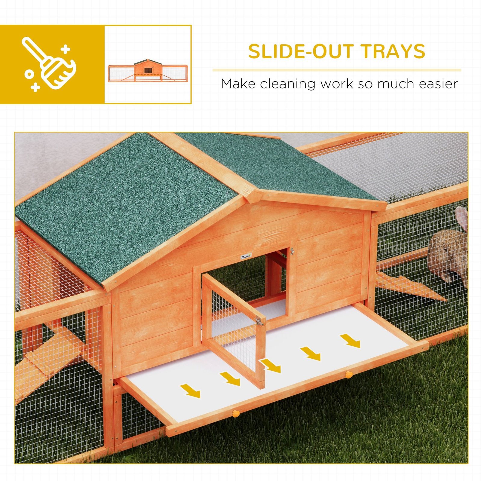 PawHut Wooden Rabbit Hutch with Run, Tray, Ramps, Asphalt Roof, 309 x 70 x 87cm, Orange - Image 6