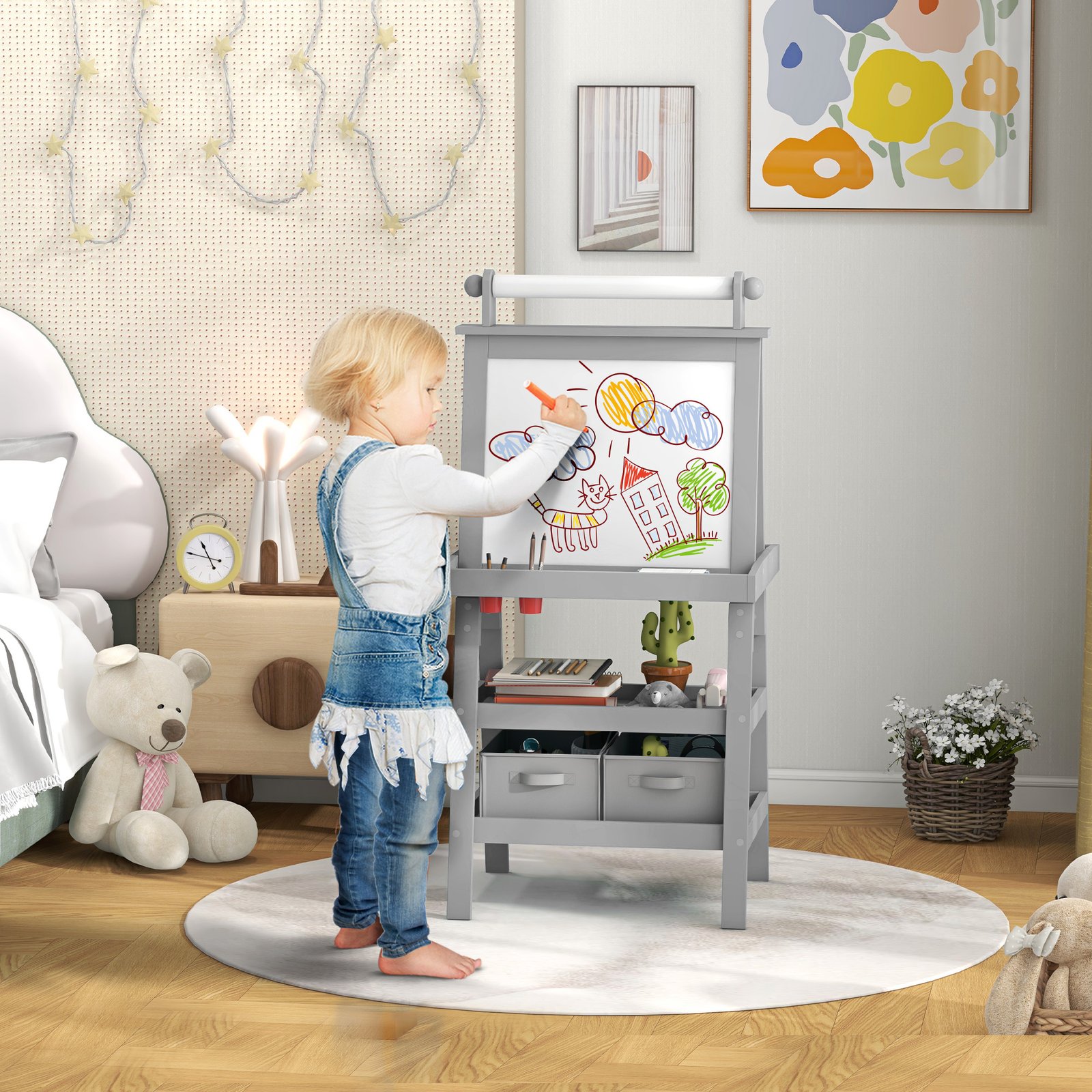 AIYAPLAY 3 in 1 Kids Easel Double-Sided Magnetic Whiteboard and Chalkboard with Paper Roll, Storage Baskets - Grey - Image 2