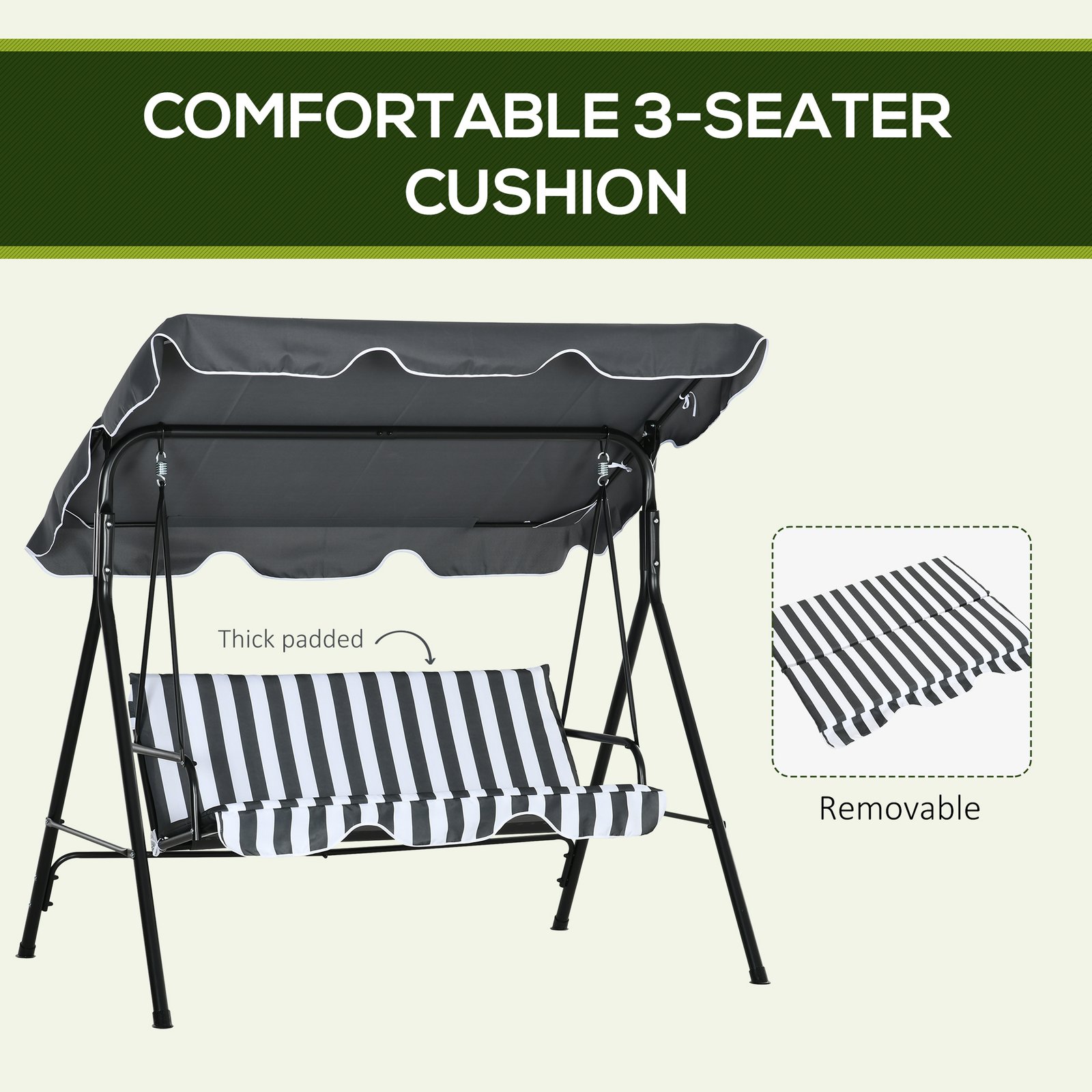 Outsunny 3 Seater Garden Swing Chair, Outdoor Swing Chair with Adjustable Canopy, Mental Frame & Cushions, Grey - Image 7